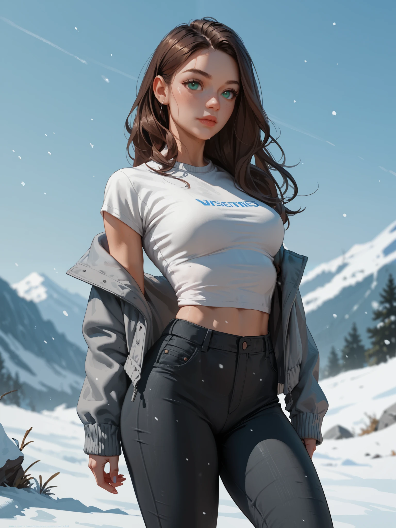 masterpiece, best quality, extreme Detail, Anatomically correct , Young woman standing alone in the bedroom , ( standing in sexy pose ), Young woman wearing a gray t-shirt , ( cropped ), is wearing an open snow-white sweater jacket, wears tight long black pants , Young woman has medium sized breasts , (40H ), ( wide hips ), Young woman is slim , Young woman looking at observer , facial expression seductive and coquettish, dark brown long hair , teal eyes ,