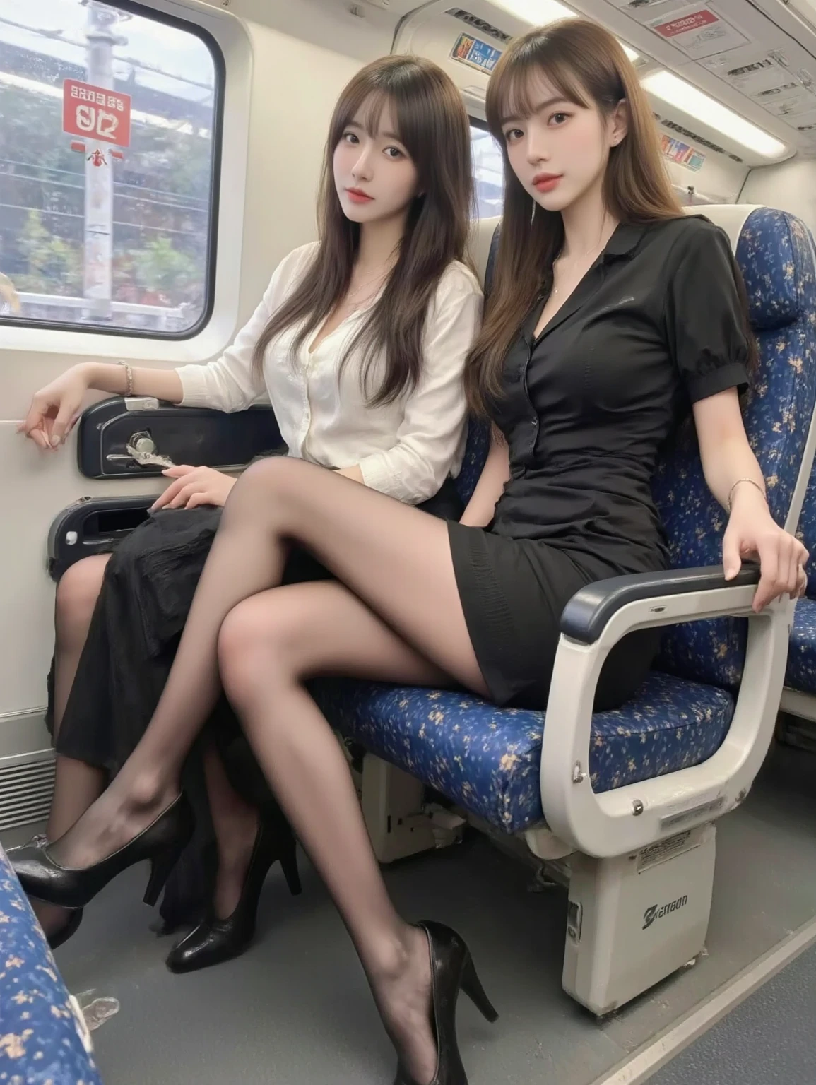 2girls, 16 K, Best Quality, 超A high resolution, Tennis Wear, Train interior, Sitting, Full body, Legs, thighs thighs thighs thighs, (Panties:1.2), Skirt lift, lifted by self, look looking at viewer, Seductive smile, Black Short Bob Hair, BREAK,Blonde long hair, JK train opposite ,Realistic, Lips, Slender thighs, Slender legs,
Open knees