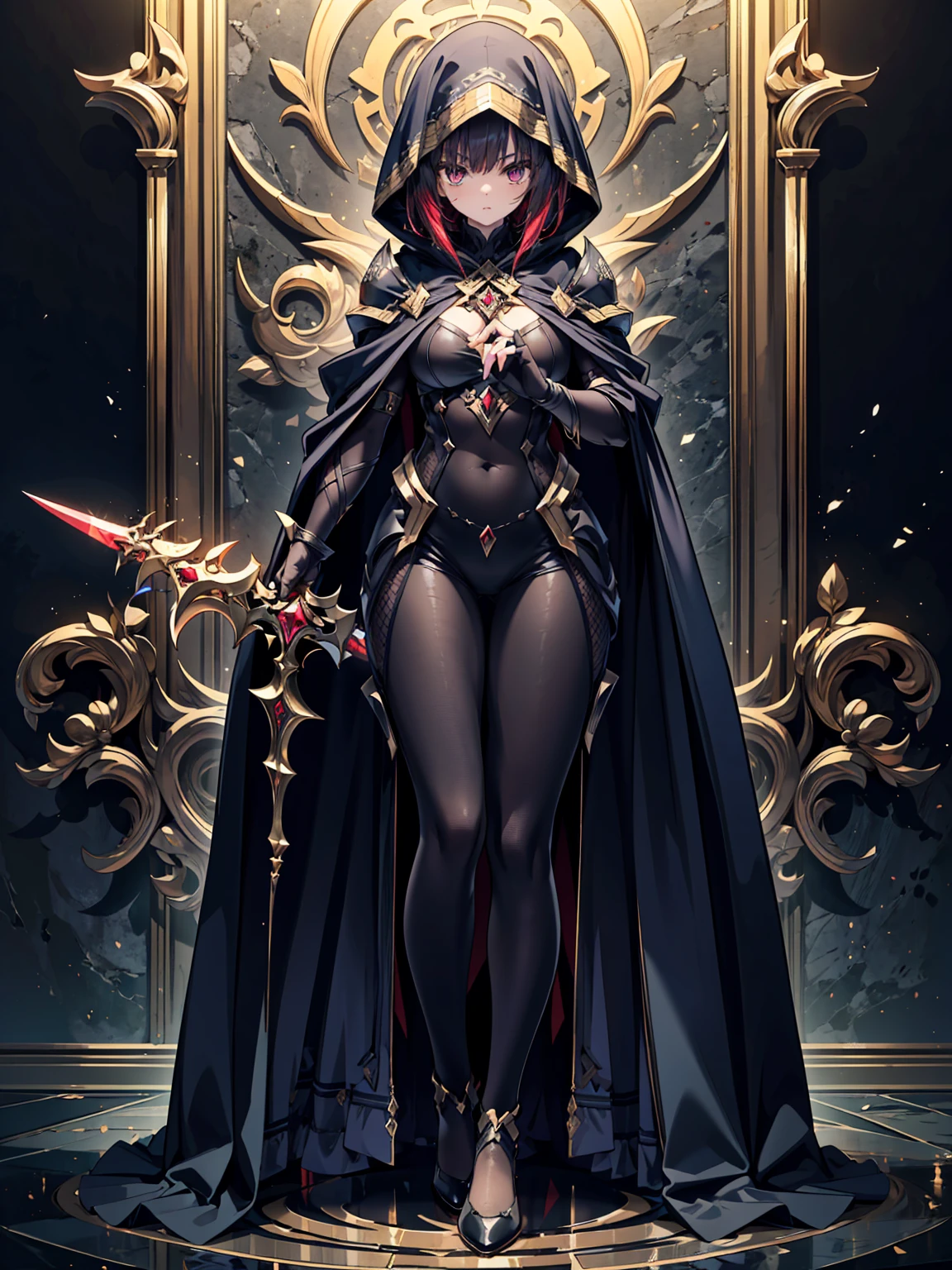 image of a 5'9ft tall woman, with black hair and golden yellow eyes. She is wearing a black cape with a black hood, a purple robe, black fingerless gloves, black thigh high heels. She is also wearing a golden full face mask. There is also feathers on her left shoulder of her cape