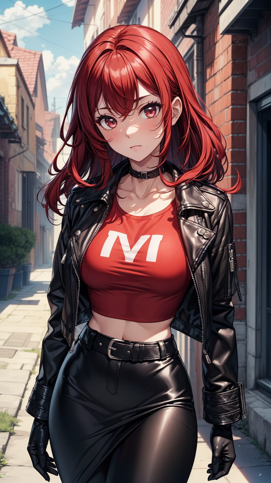 green eyes, red hair with long bangs. sadistic women, wavy long hair. strong woman. she quiet. dominant woman. mafia. mature woman. girl boss. with bangs so long wavy red hair. boxing. wear pans and t shirt. background in town