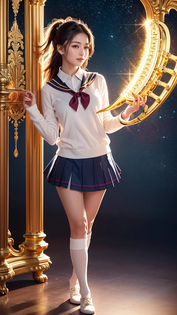 ((masterpiece)), (((highest quality))), ((Very detailed)), ((figure)), ((Disheveled Hair)), Beautiful fine details, (One girl:1.2), (alone), Dynamic Angle, Black Magician Girl, (Black knee-high socks:1.1), (Starry sky tornado:1.4), nebula, ((Frills)), Beautifully detailed skies, Beautiful fine details, Wicked Smile, Expressionless, Hair between the eyes, Gray Hair, Pleated skirt, ((Disheveled Hair)),,NFSW