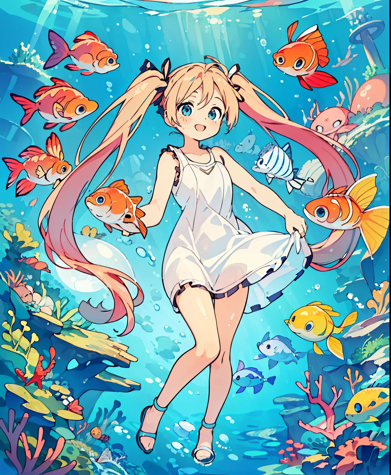 (Masterpiece、 best quality 、 best quality 、 Official Art、  beautiful and beautiful  :1.2)、( one girl:1.3) Hatsune Miku 、 twin tails, beautiful breasts,  (Must-have items), ( best quality ),  very detailed,  1 girl,  Perfect Face, (  Solo Full Body Shot :1.3),  very detailed顔，(青い髪ロング twin tails:1.5)，(blue eyes:1.4)，(In the water:1.4)，(white dress:1.5)， ocean ，School of small fish，light，bubble，Jellyfish， ocean  Algae，Red fish，Yellow fish，Deep  ocean ，Fantasy ， ocean  bottom，float，( ocean  bottom city:1.4)，smile:1.3