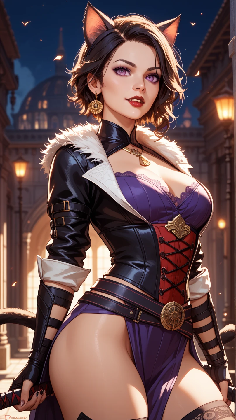 (masterpiece, top quality, best quality, official art, beautiful and aesthetic:1.2), (1girl:1.3), red hair, ((extravagant updo)), Victorian style, extremely detailed, portrait, looking at viewer, solo, (full body:0.6), detailed background, close up, yellow eyes, mischievous eyes, (cold midnight castle theme:1.1), medium breasts, huge lips, charlatan, smirk, mysterious, being seductive on a balcony, revealing gothic dress, lace, dark skin, ((yellow dress)),, gold trim, brocade fabric, off shoulder, long sleeves, loose sleeves, high boots, cleavage, halter dress, skindentation, slim waist, slim hips, long legs, broad shoulders, ((muscular)), medieval (gothic castle exterior:1.1) background, nighttime, romantic lighting, shadows, magical atmosphere, 
