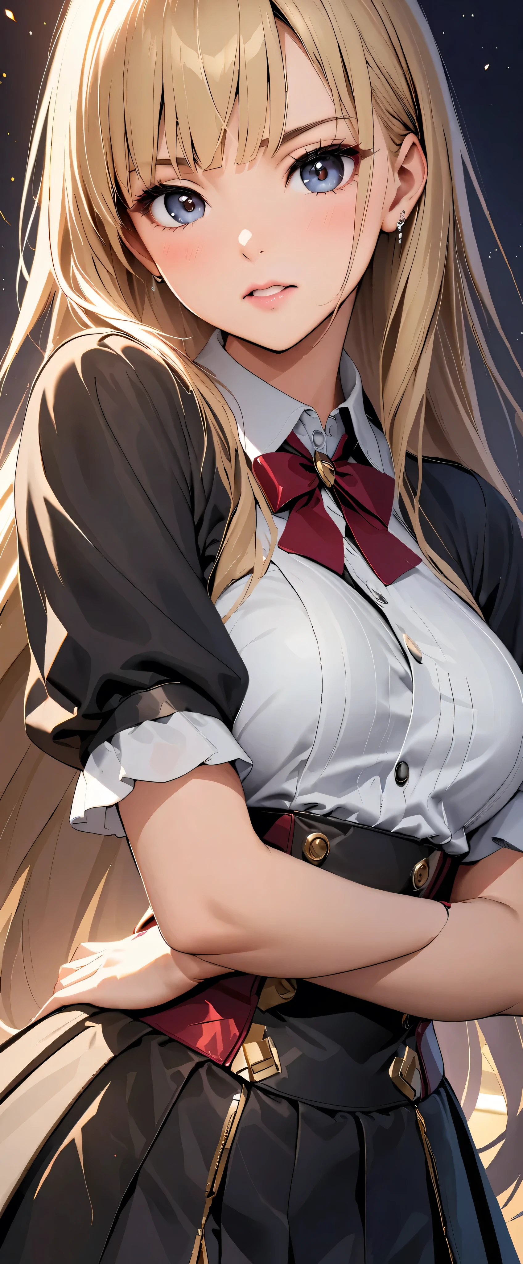 (((masterpiece)))、(( best quality ))、( more details)、(CG illustration)、( so beautiful ))、Cinematic Light、(((one mechanical girl)))、 SF、The End、Erotic and grotesque、graduate School(  Beautiful and Luxurious  :1.2)、( 1 girl:1.3)、 is facing forward, ( double breasted, underbust:1.2), ,((())),((( jumper skirt,)))Short sleeve,Gloss Lip