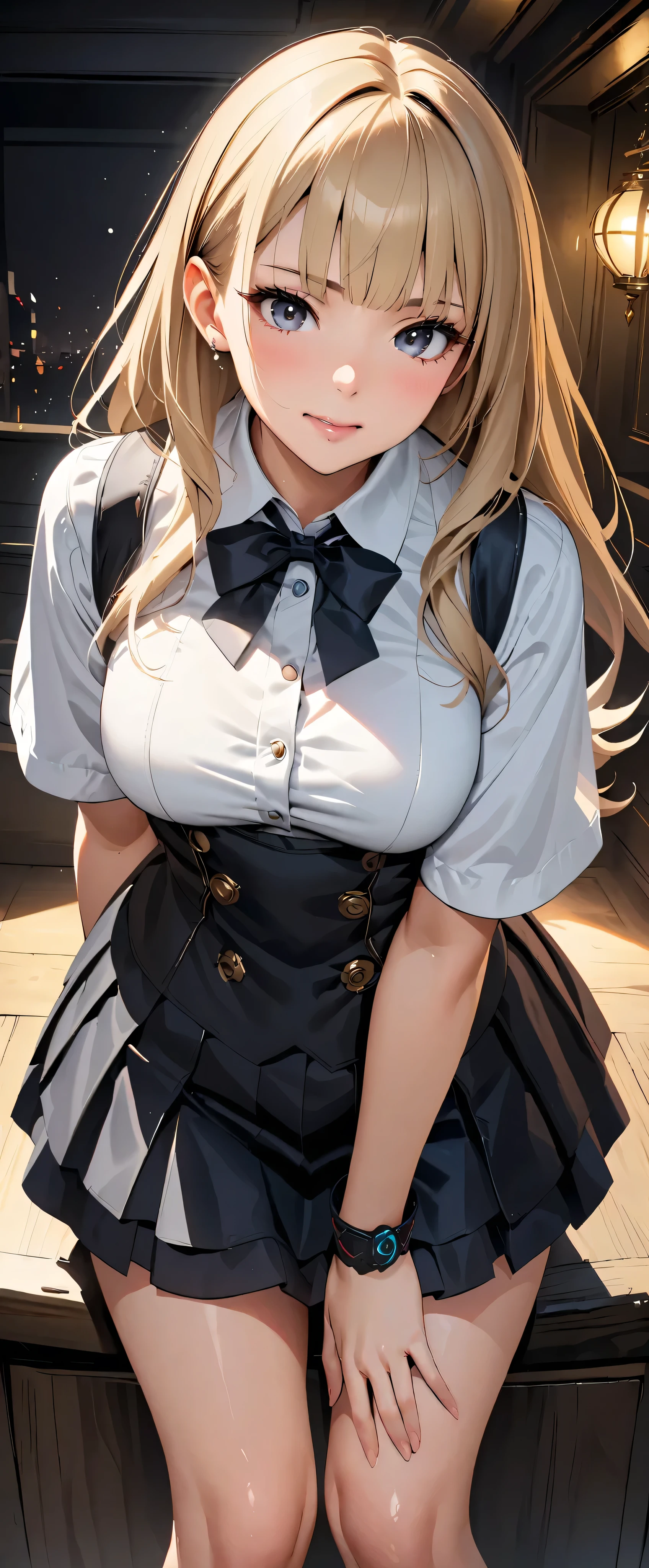 1 girls, (detailed light blue eyes, lange wimpern, detailed beautiful face:1.2), 4k quality, (Long blonde hair:1.5), (arms behind back:1.4), (big breasts:1.5), (blushing:1.3), (long hair, Hair in the face, high ponytail, zwei Strähnen vorne in Haaren:1.4), (black skirt, White shirt with a black necktie, school girl:1.7), (bondage, shibari over clothes:1.3), pralle Brüste, OTN, White Gag, gagged, (sitting:1.7), (sitting in a big classroom with students in the background and a Sunny beach view:1.6)