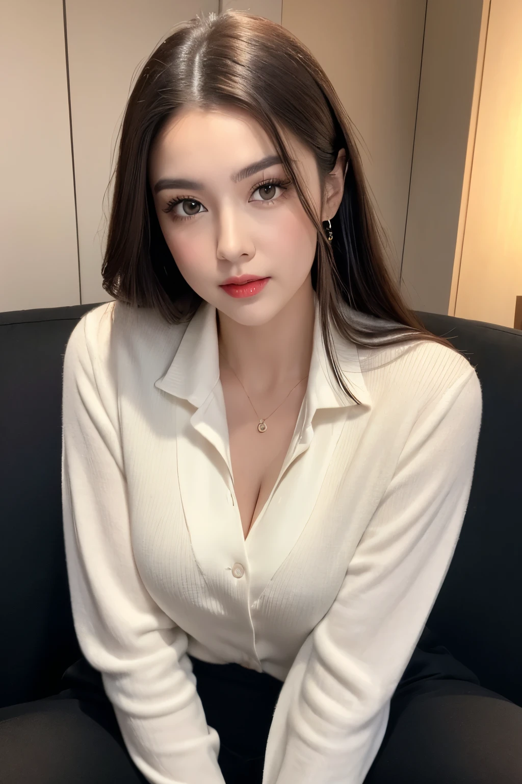 Top quality, RAW Photo, Highest Quality Image, 16K, Full body, Age 22 years old, Realistic, Photorealistic, Beautiful Asian woman, Sexy, body, White pale skin, Beautiful hair, Wavy hair, Brown Hair,, Short hairstyle, Detailed face, Detailed body, Detailed skin, Double eyelids, Big eyes, long eyelashes, bright eyes, green eyes, natural lips, detailed lips, Saggy breasts, Very Small breasts, Flat Breasts, long shape breasts, posing in her car, sunny day light , light through Aspen trees, wearing white see through polyester shirt with all unbuttoned, no bra, Camera angle from below