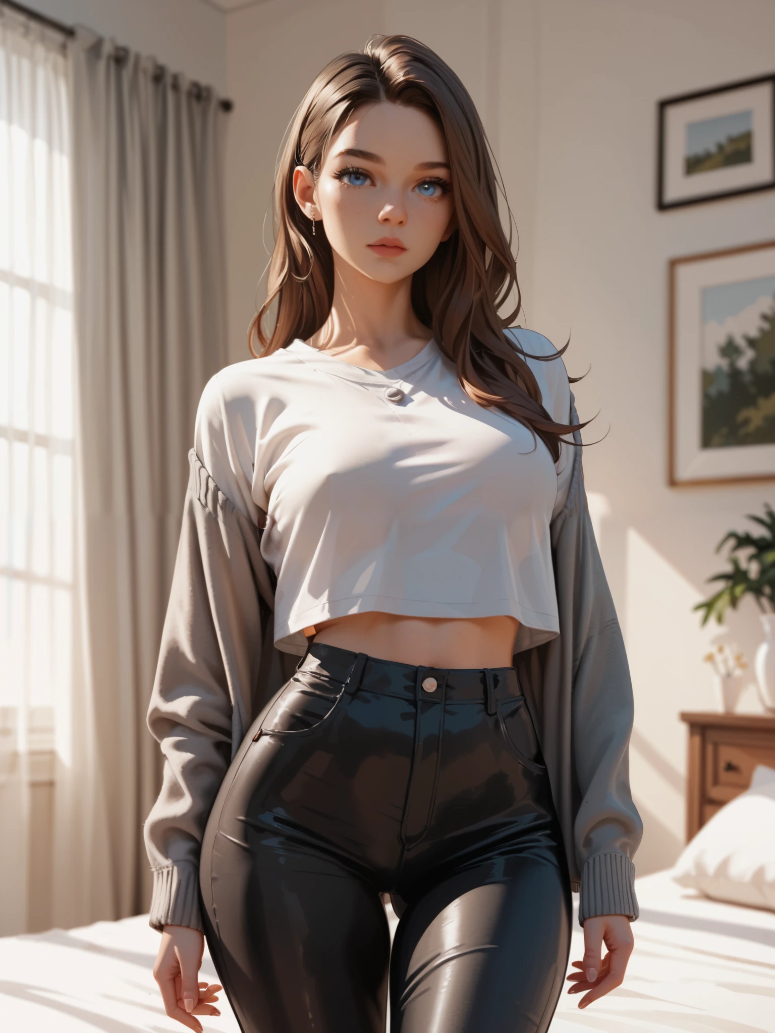 (elf girl), master piece, blushing, freckles, wide hips, slim waist, thick thighs, masterpiece, best quality, sfw, mature 26 year old woman, brown hair, moist face,  wavy hair, mouth open, shiny. lips, beutiful round eyes, oversized hoodie, tight jeans, (thick thighs), thick hoodie, cropped hoodie, inside city apartment, raining outside, rainy day, navy rain, inside, sitting on bed next to window, nightime, raindrops on window, dark out, mood light, soft lap light, cozy mood, Lofi astetic, the scene emulates an immense feeling of comfort and safety, modern cityscapes, skyscraper nightlights visable through window, midnight, completely dark out, high waist jeans, tight pants, ripped jeans, large thigh rip on jeans, orange lighting, orange moodnlight, Beautiful eyes, the most beautiful eyes youve ever seen, shiny thighs, (extremely ripped jeans), camel toe