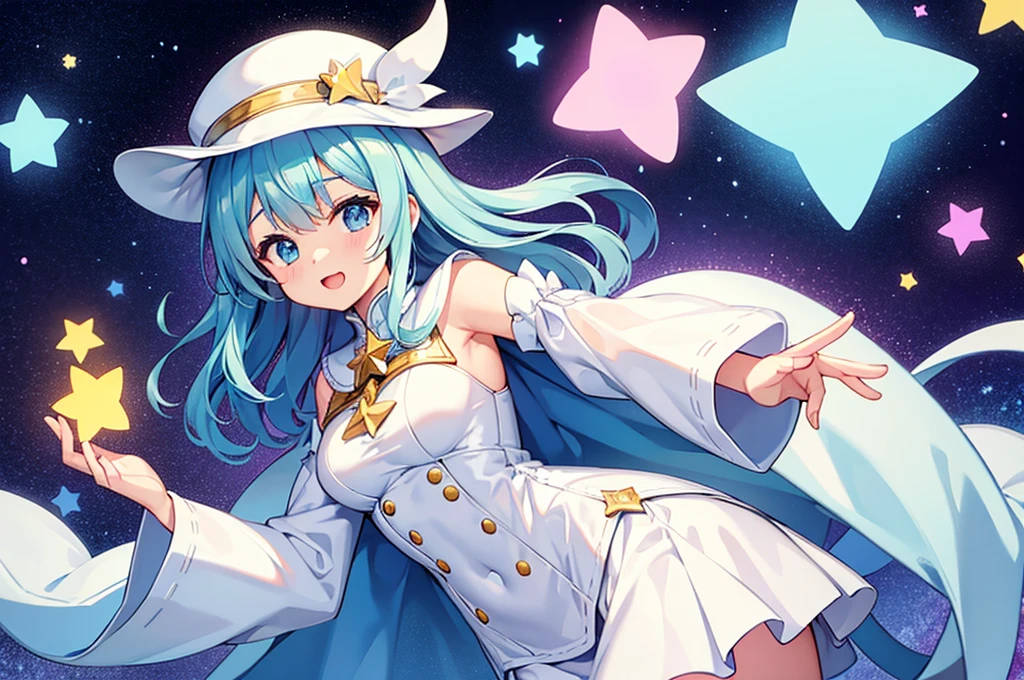 Hopus she is a white rabbit dressed in a blue tuxedo and wears a red bow tie and white gloves. sHe has large yellow eyes with blue irises. sHe hides in a top hat and wields a magic wand. SPARKLE; GLITTER