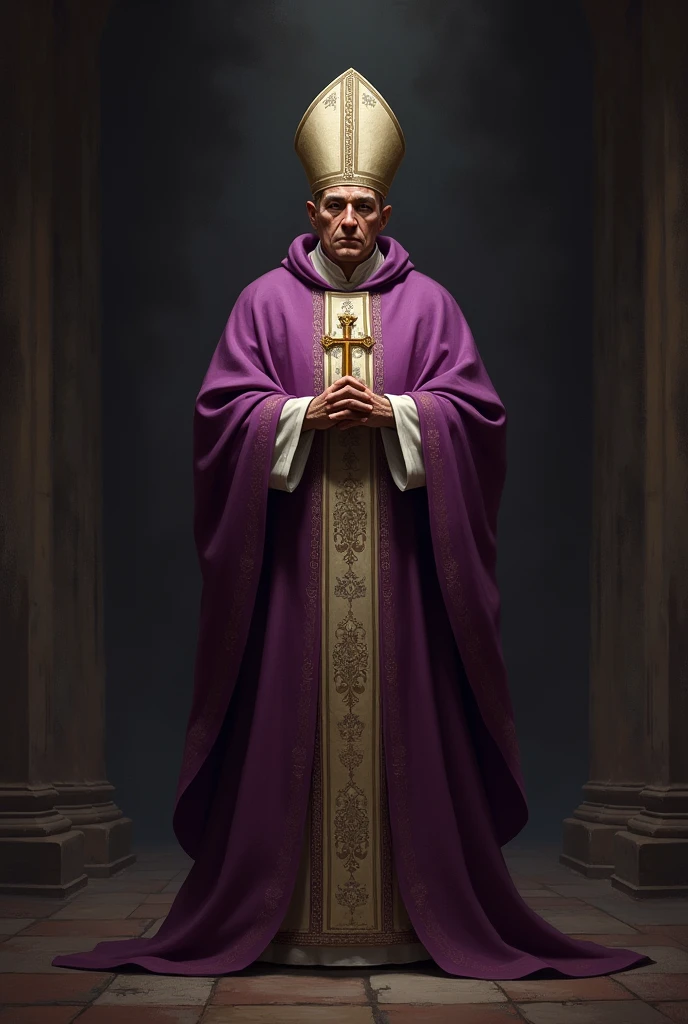 viceregal image of a bishop; He wears a violet cape and the Episcopal cross around his neck., He has a face that inspires kindness and his chair is very simple., since he likes to live very poorly. All around him the poor listen to him, sick, prisoners and forgotten. 