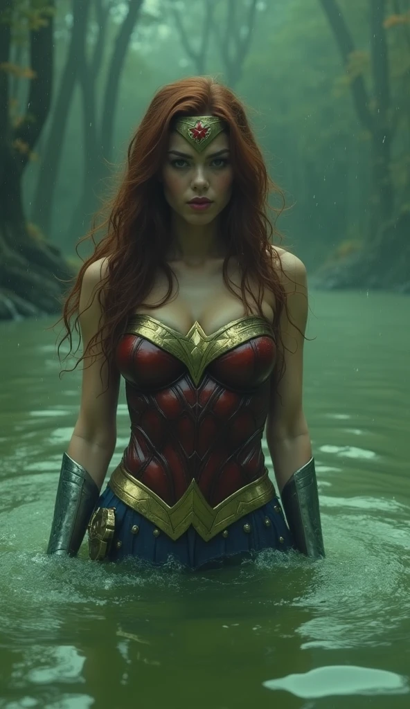 full body shot of scarlett johansson, curly red hair, green eyes, wonder women suit, at the edge of the beach, looking up, serious look, hands on waist, photorealistic portrait, overcast, dramatic, cinematic, 4k resolution, hyperdetailed