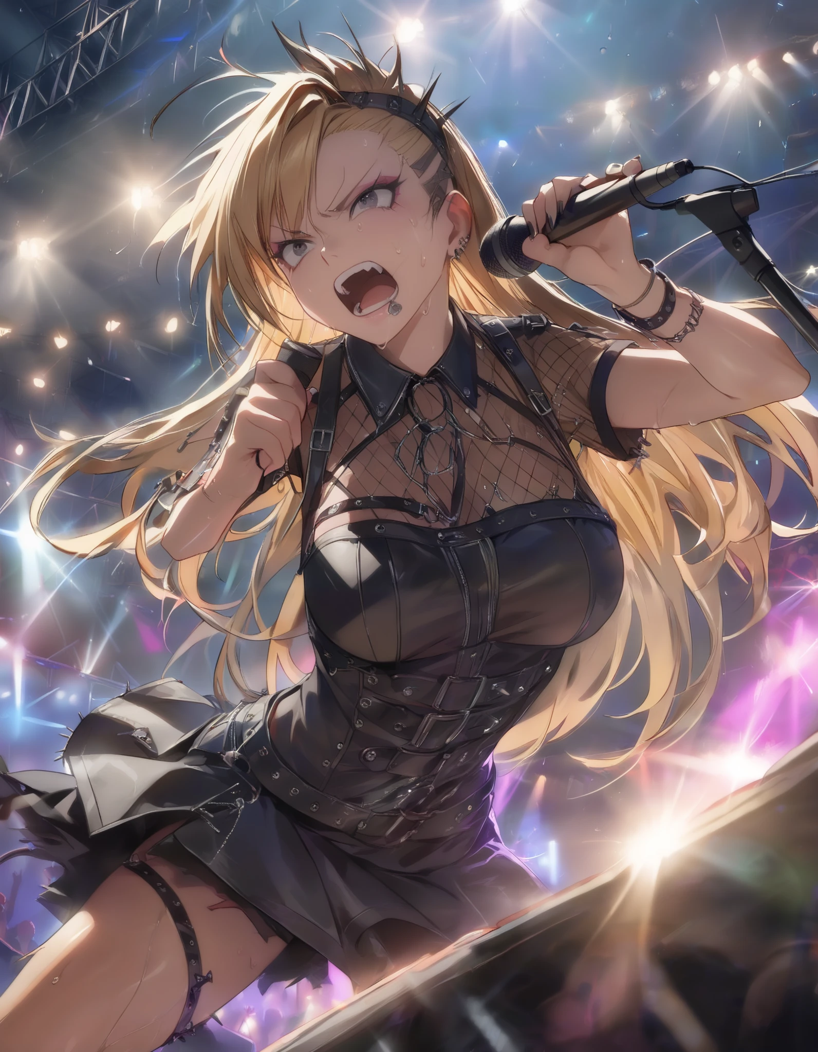 ((masterpiece, best quality, extremely detailed, absurdres)),music festival stage,night,((dynamic lighting)),1girl,dynamic angle,(punk singer),blonde long hair,serious face,((sweat on face,singing)),shout,microphone,(black gothic punk fashion),large breasts,shiny skin,energisch,