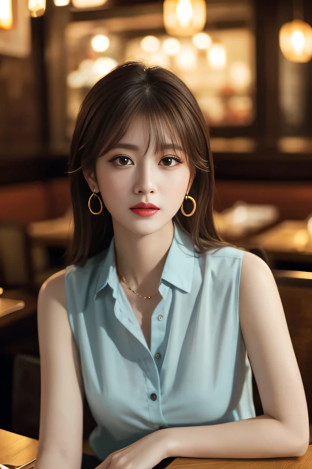 masterpiece, Highest quality, Realistic, Very detailed, Finer details, High resolution, 8k wallpaper, One beautiful woman, Wear a pretty colored silk shirt, In a great restaurant, At night, Light brown messy hair, Perfect dynamic composition, Beautiful and beautiful eyes、Big earrings、chest、Sleeveless shirt、