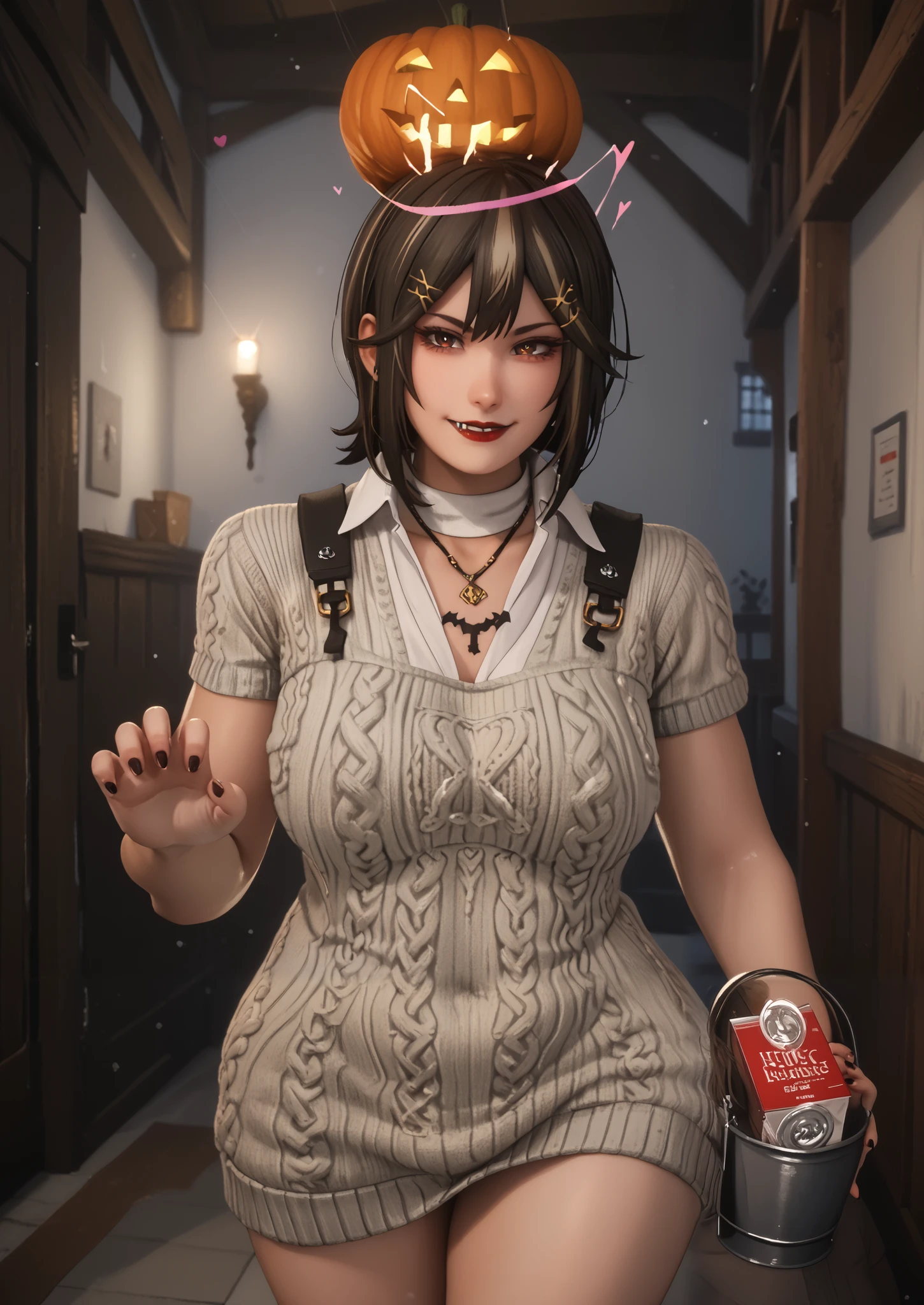 score_9, score_8_up, score_7_up, score_6_up, uncensored, agatha harmon, short hair, brown hair, black hair, hair ornament, brown eyes, streaked hair, hairclip, makeup, lipstick, red lipstick, large breasts, (voluptuous:1.3), (thick:1.3), BREAK UHD, retina, masterpiece, accurate, anatomically correct, textured skin, super detail, high details, high quality, award winning, best quality, highres, 4K BREAK, hearts, pleasured, 1girl, breasts, mature female, solo, navel, virgin destroyer sweater, necklace, standing, claw pose, holding bucket, halloween, looking at viewer, fangs, smirk, collarbone, condom, condom box, thighs, curvy, hallway, dim light, cape, black nails, 3d, cgi