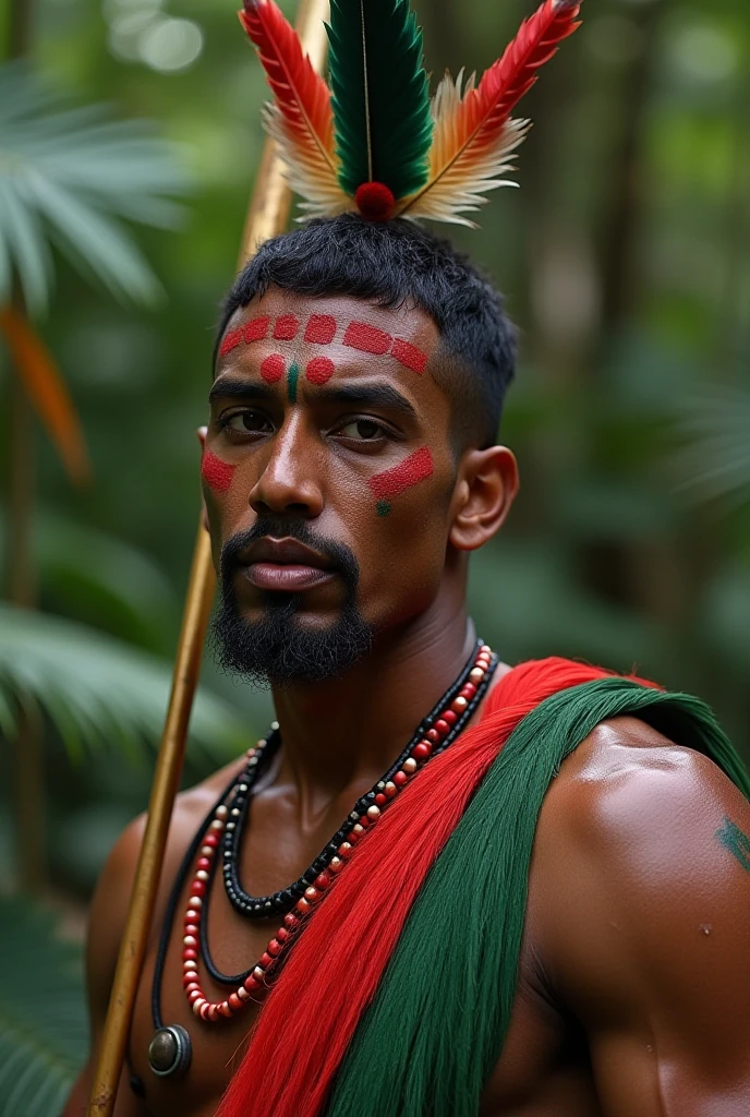 A man wearing a red laplap, on his head a long address made of feathers, around his shoulder are leaves knotted as necklace and his face is painted with red colour and he is holding a basket 