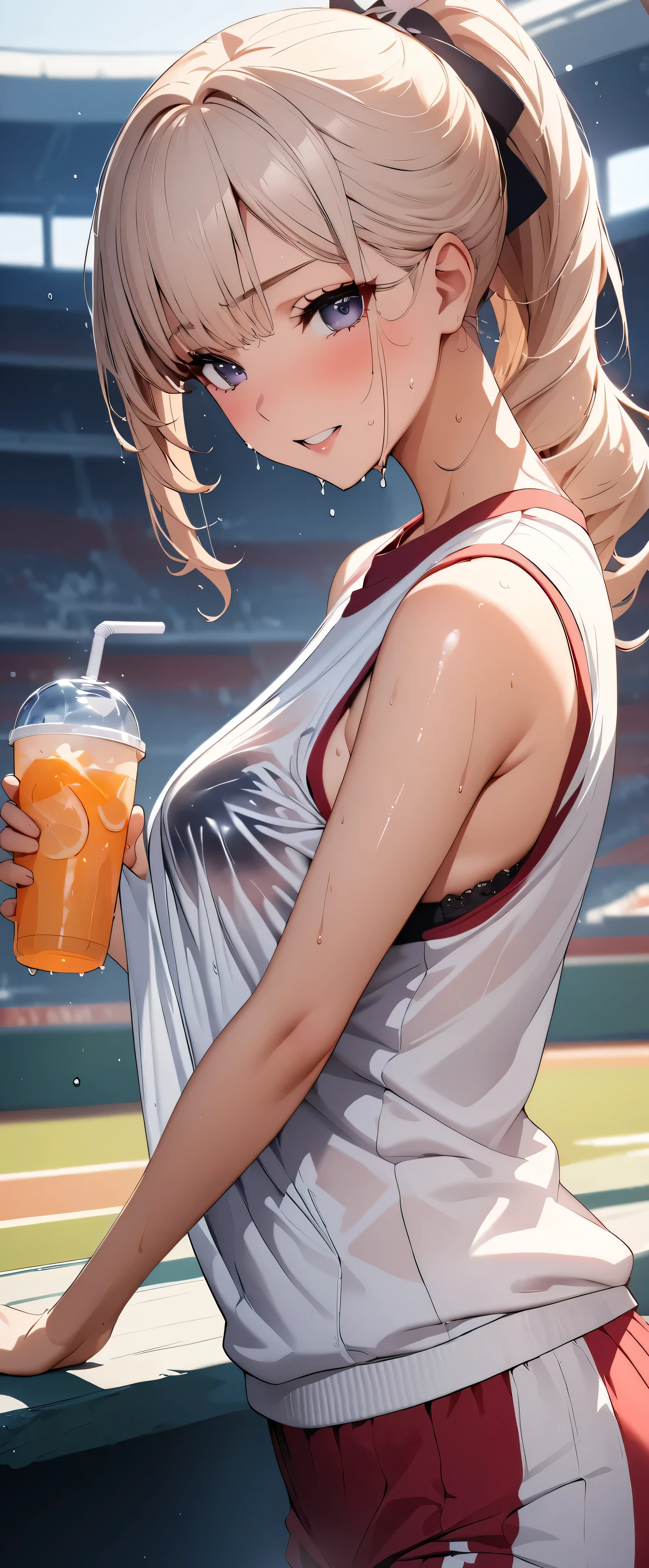 (((masterpiece)))、(( best quality ))、( super detailed )、(CG illustration)、(Very beautiful woman))、 movie-like light 、((1 Female))、 、(Beautiful and luxurious:1.2)、( One Woman :1.3)Sports Stadium,,((Japanese white sleeveless gym clothes), wet with sweat ,Beautiful ponytail,Drink a sports drink,,Rokka,( the clothes show through and you can see the bra)