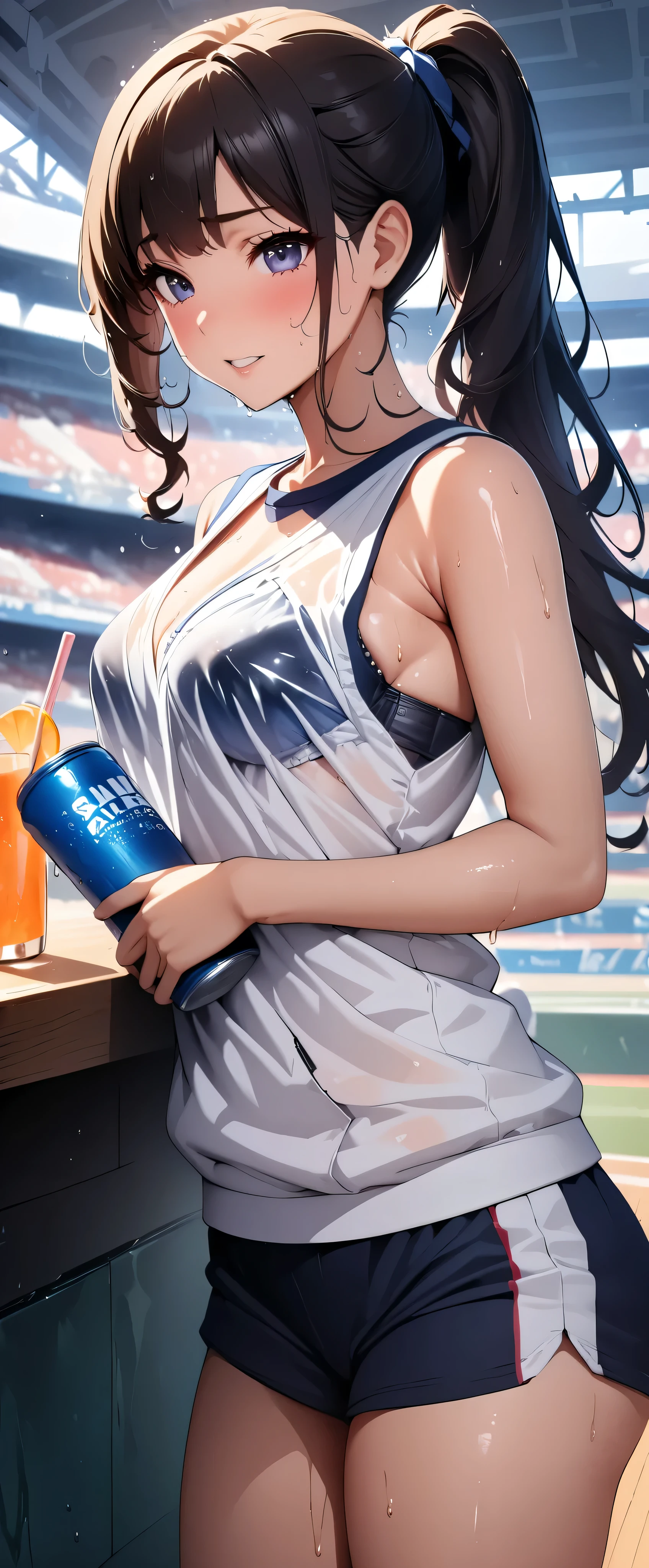 (((masterpiece)))、(( best quality ))、( super detailed )、(CG illustration)、(Very beautiful woman))、 movie-like light 、((1 Female))、 、(Beautiful and luxurious:1.2)、( One Woman :1.3)Sports Stadium,,((Japanese white sleeveless gym clothes), wet with sweat ,Beautiful ponytail,Drink a sports drink,,Rokka,( the clothes show through and you can see the bra)