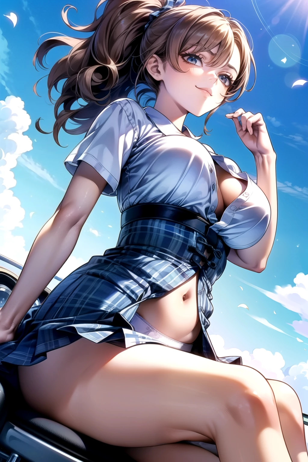 (((( dynamic images)))、((Impactful images))、( face best quality)、(((motorcycle)))、(Sit on the bike seat、Japanese high school girl waiting at a traffic light )、 ((( short white shirt with no bra showing her lower breasts))) 、 get behind the wheel、 plaid mini pleated skirt、 brown long hair 、Long hair up to the buttocks、 Curly Hair 、smile、( underbust:1.5)、Her long, Thin legs are beautiful、 (Navel exposed、Exposing your belly)、A white short shirt with a beautiful 、 Balanced Physique 、Wear loafers、 wind blows and the skirt turns over 、(( white-blue plaid cotton panties visible.))、((( low angle )))、 beautiful blue sky and white clouds 、( top quality, Masterpiece、 High Definition )、8k、wallpaper、 Her short skirt is rolled up
