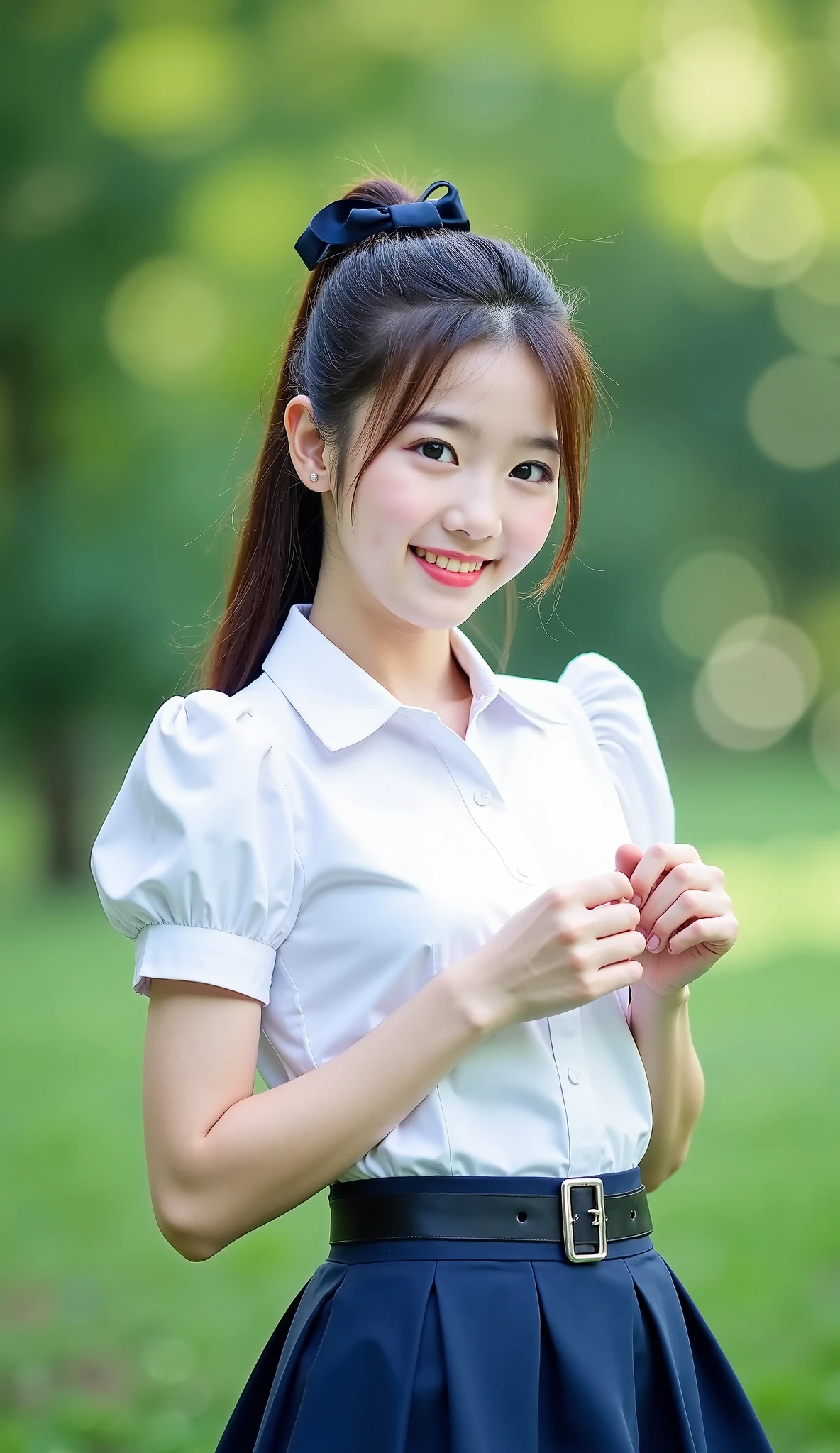 (A beautiful Japanese office lady, age 28, wearing formal White shirt with buttons & lime pencil skirt, interacting with Cici AI app, friendly and feminine expressions, kind smile, dimpled chins, cute snaggle-tooth, short bob hair ponytail, symmetrical face, realistic detailed face, beautiful detailed eyes, perfect body proportions, ample round bosoms, photorealistic, hyper-realism, high contrast, ultra HD, realistic skin textures, top image quality, top-quality, super high resolution, fine details, very meticulously, masterpiece, head to knees, serene ambience, High Angle Shot, bokeh background) #Cici #TeamPositivity