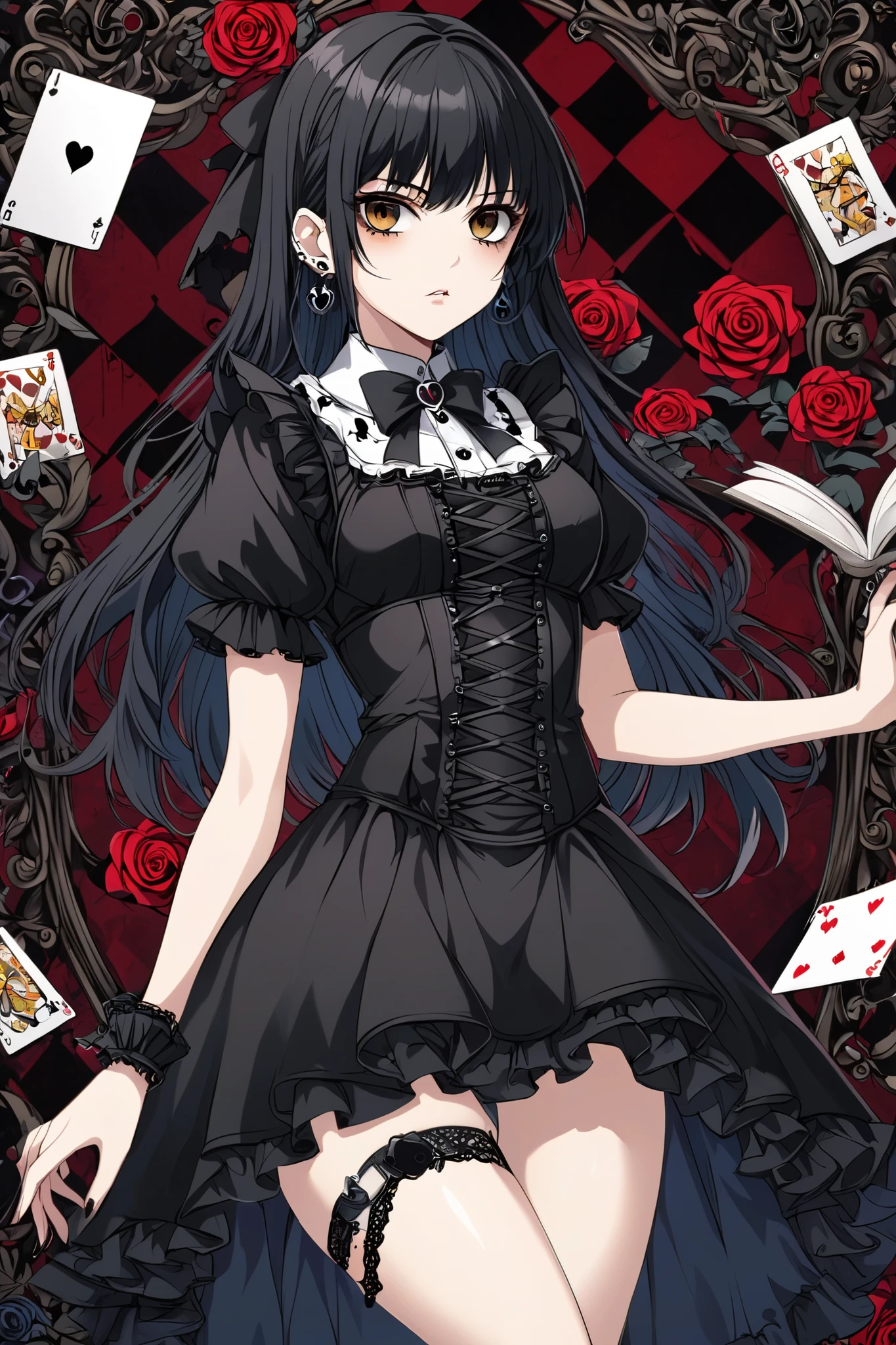 (Queen of spades pattern design),poker,Draw an image of an aristocratic woman, Alabaster skin and red eyes exude a brutal aura., She wears a sinister tiara studded with dark jewels.,Wearing a sexy dress, She holds a scepter decorated with evil symbols, Malicious Aura,fear,anger