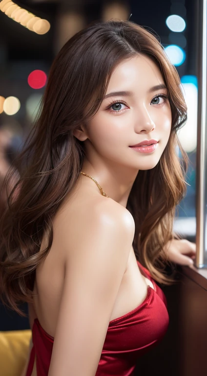 highest quality、4K、Beautiful lady、Perfect Face、Perfect Style、model、perfect body、Sunburn、beautiful lady、mature、long curly layer brown hair、Swept-back hair、full body, sexy 、charming、healthy、in Paris