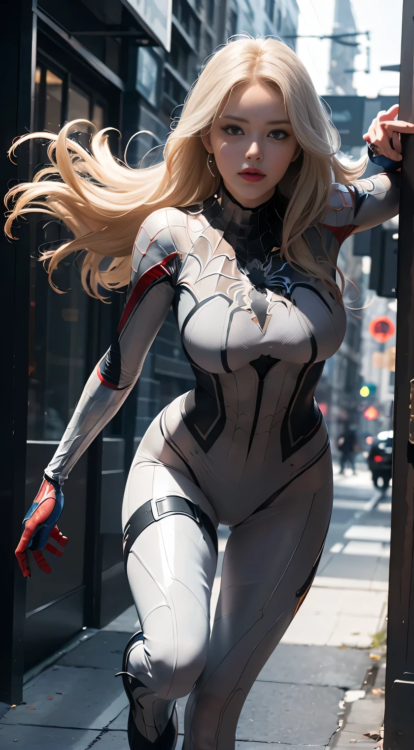 imagem de corpo inteiro Unreal Engine 5 8K UHD de mulher bonita,com cabelos brancos curtos,Colorful Neon Tight Futuristic Latex Spider Woman Dress ,Latex swimwear,sexy action,Aguarde os seios lentos,figura muscular,Swimsuits that rarely cover the skin,latex glove,Use vidro roxo,耳Nipple Ring,Pierced lip piercing,Cidade da idade moderna,melhor qualidade,tmasterpiece,Papel de parede 8K UHD, Gwen Spider, Gwen em uma roupa preta com aranha no centro de seu peito em branco, organic-looking clothing, testa gooey, simbionte, olhos brancos, belas artes, PS5 cinematic screenshot, Highly detailed cinematic rendering, raytricing ultra fotorrealista, with cinematic lighting