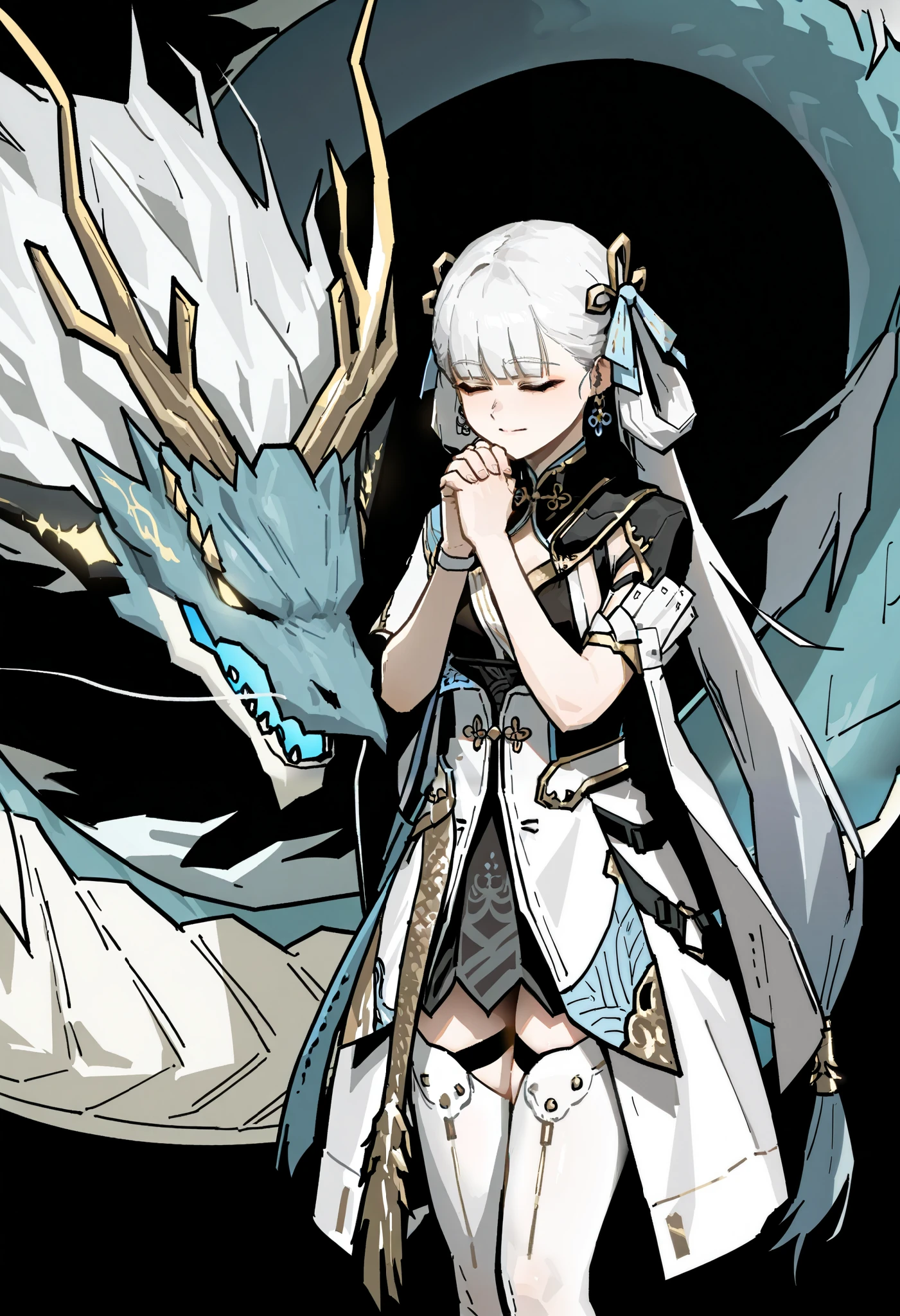 by gogalking, j1nhsi, white hair, blunt bangs, twintails, hair rings, hair ornament, hair ribbon, closed eyes, black dress, white dress, short sleeves, wide sleeves, white thighhighs, earrings, clasped hands, praying, Jue (wuthering waves), dragon on background, oriental dragon, black background, masterpiece, best quality, amazing quality, very aesthetic, high resolution
