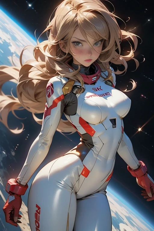 sandy hair fit body large breasts slender thighs slender waist pilot suit solo looking at viewer in space long hair blushing determination, 8k, extreme detail,