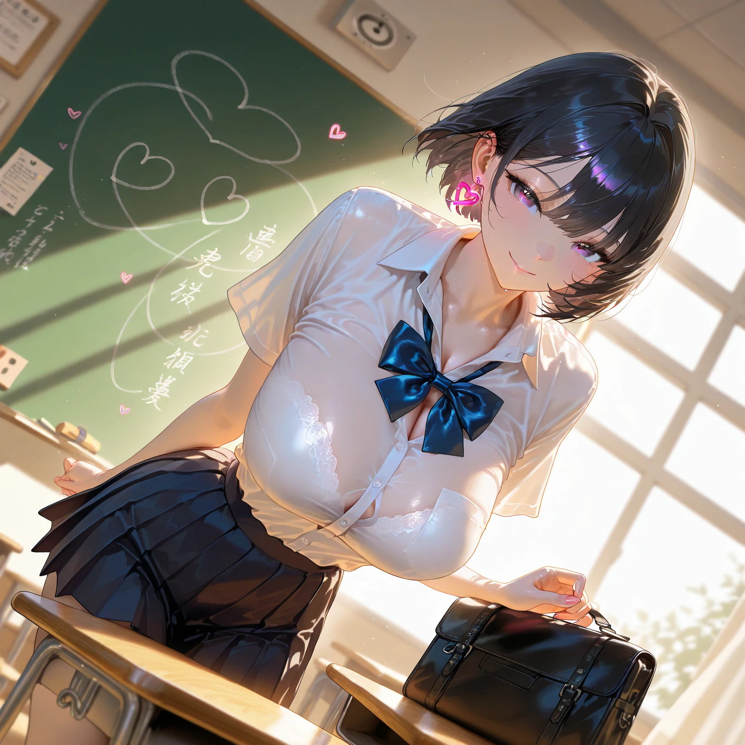 NSFW、Dark blue micro mini skirt dark blue、Mature Woman、Toned body、Big Breasts、(tall、daddy longlegs、175cm)、(quality))、((masterpiece))、(これはclassroomでセーラー服を着たセクシーな女子高生のクローズアップショットです:1.4)、(solo:1.4)、(One girl:1.4)、(Very short black hair:1.3)、(Light blue eyes:1.2)、(Short sleeve white sailor uniform:1.3)、(Dark blue micro mini skirt dark blue:1.2)、(White string panties:1.2)、(belly button:1.1)、(Navy collar、Yellow tie)、Dark blue micro mini skirt dark blue、Recommended results、Plump nipples、(Transparency:1.5)、Stand up straight、Abdominal muscles、Huge bust、Angle to floor:1.2、Low camera angle、School、classroom