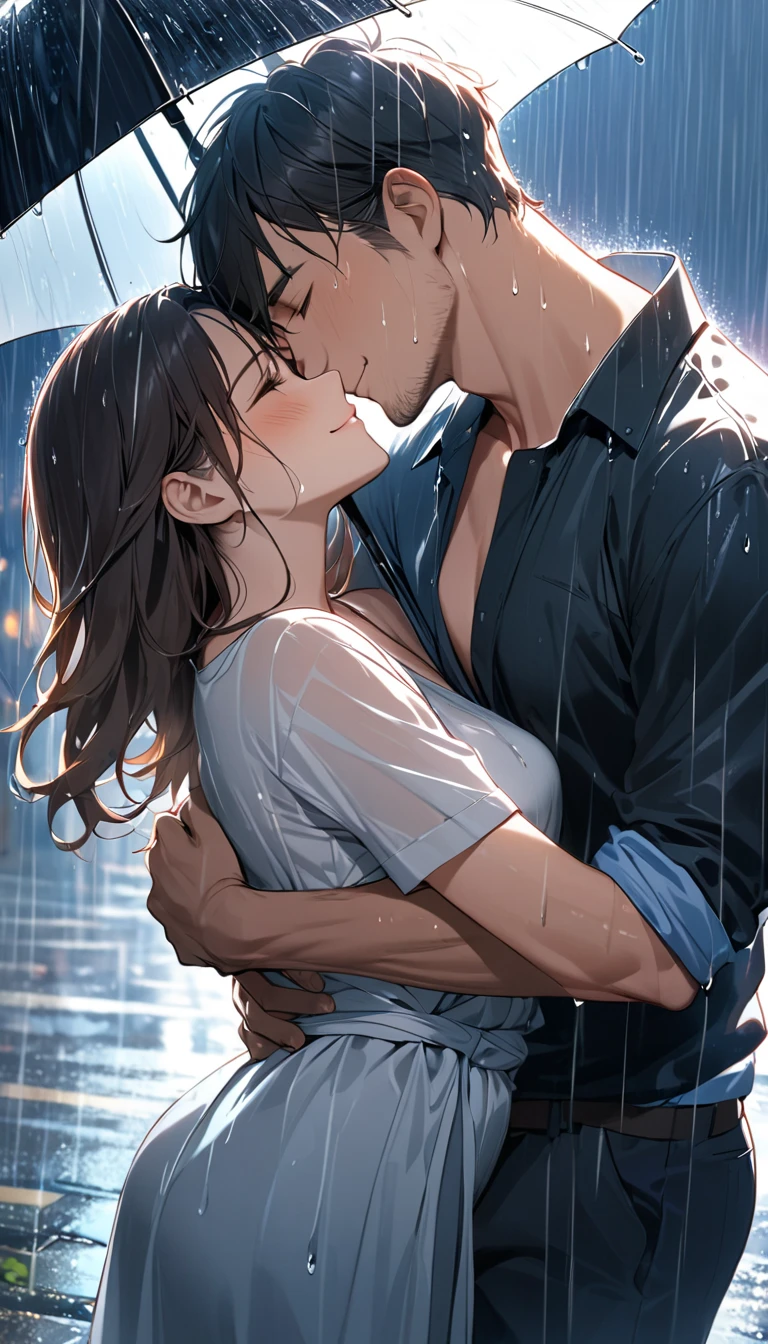 plump, upper_body, brown_eyes, teary_eyes, wet_shirt, white_shirt, open_shirt, white_lingerie, expressive_eyes, long_eyelashes, incoming_hug, incoming_kiss, blazer, expressive eyes, long eyelashes, kiss, 