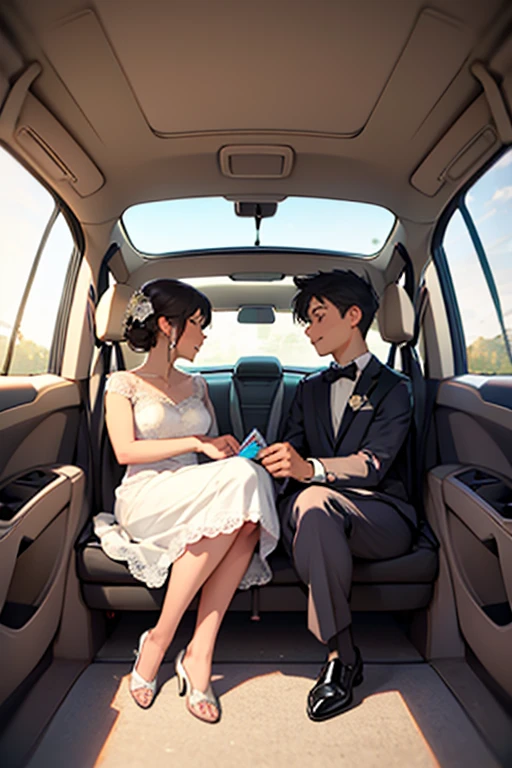 (Anime illustration style: 2), (A silver sedan speeding on the road with high beams: 1.5): (Two people sitting in the carriage: 2), (A man in a suit sitting in the driver's seat: 1.5), (A woman in a dress sitting in the passenger seat: 1.5): (Wide road: 2): A rainy night in a modern city, sparse vehicles and pedestrians, bright colors, movie shots --auto --s2