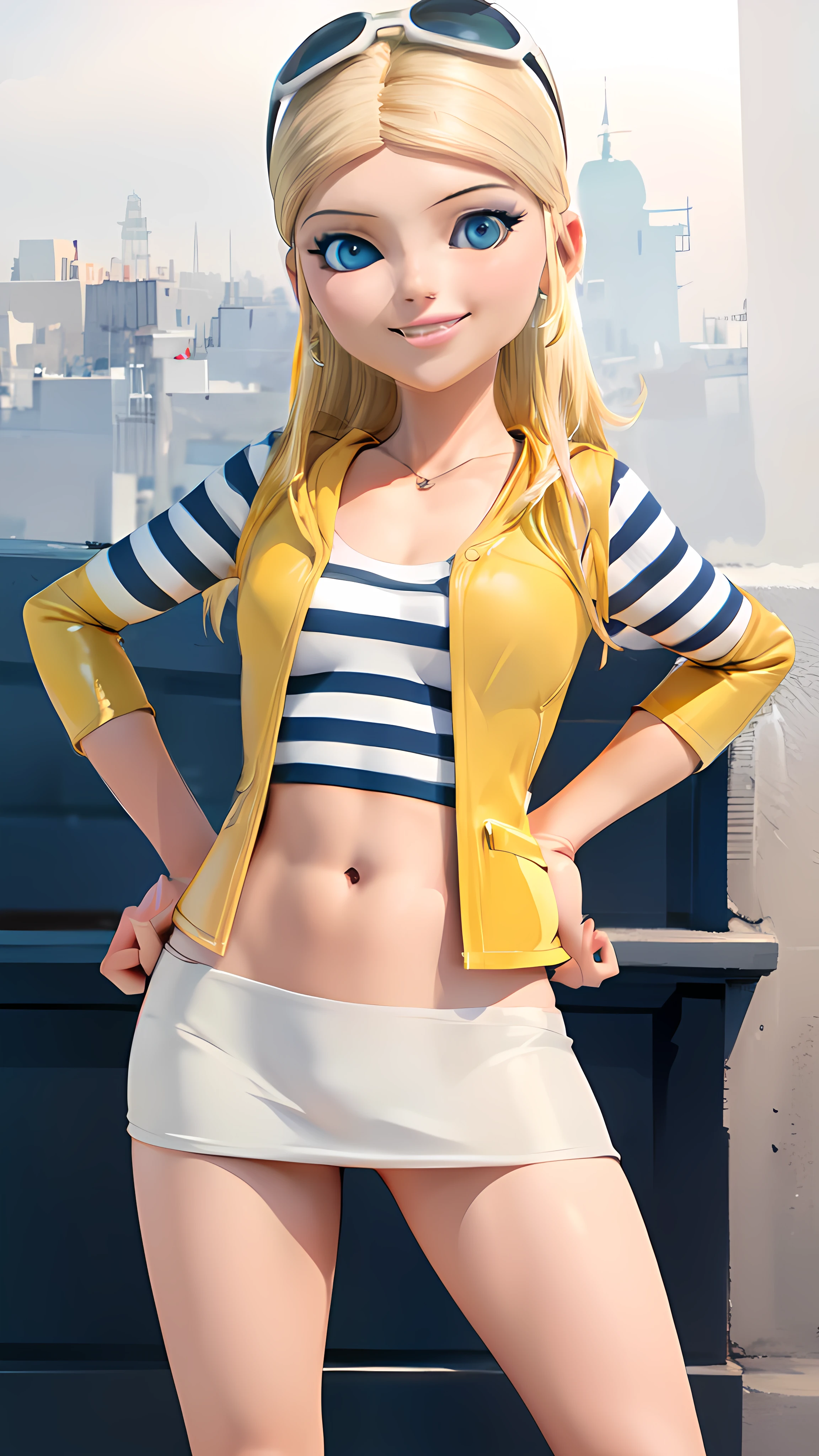photorealistic, (4k), depth of field, (Masterpiece), (realistic skin texture), extremely detailed, intricate, hyper detailed, high resolution, depth of field, sharp detail, best quality, (8k, RAW photo, best quality, masterpiece:1.2), (intricate details), highres, perfect eyes, perfect face, perfect lighting, beautiful, (masterpiece:1.2), (best quality:1.2), 1girl, solo, chloe, blue eyes, blonde, sunglasses on the head, yellow vest, white miniskirt, black white striped shirt, long yellow socks, navel shirt, big size breast, peace sign hand. smiling, showing teeth, posing