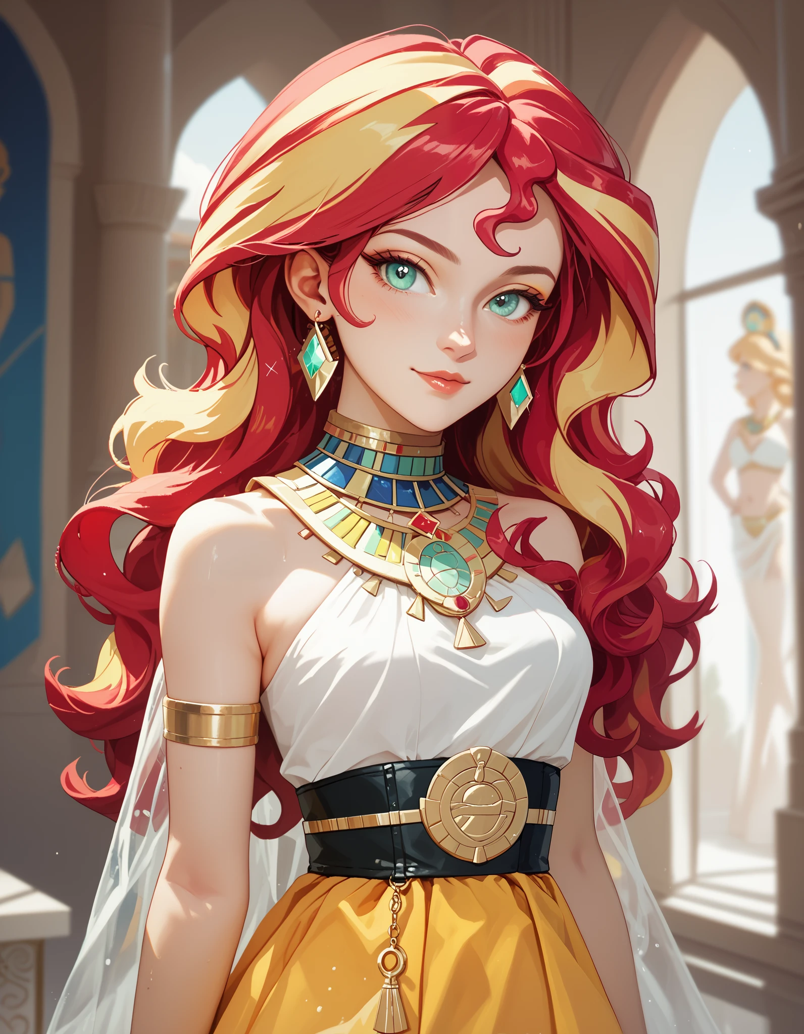 Sunsethuman, Female, two-tone hair, red and yellow hair, wavy hair, dressed as an Egyptian sorceress