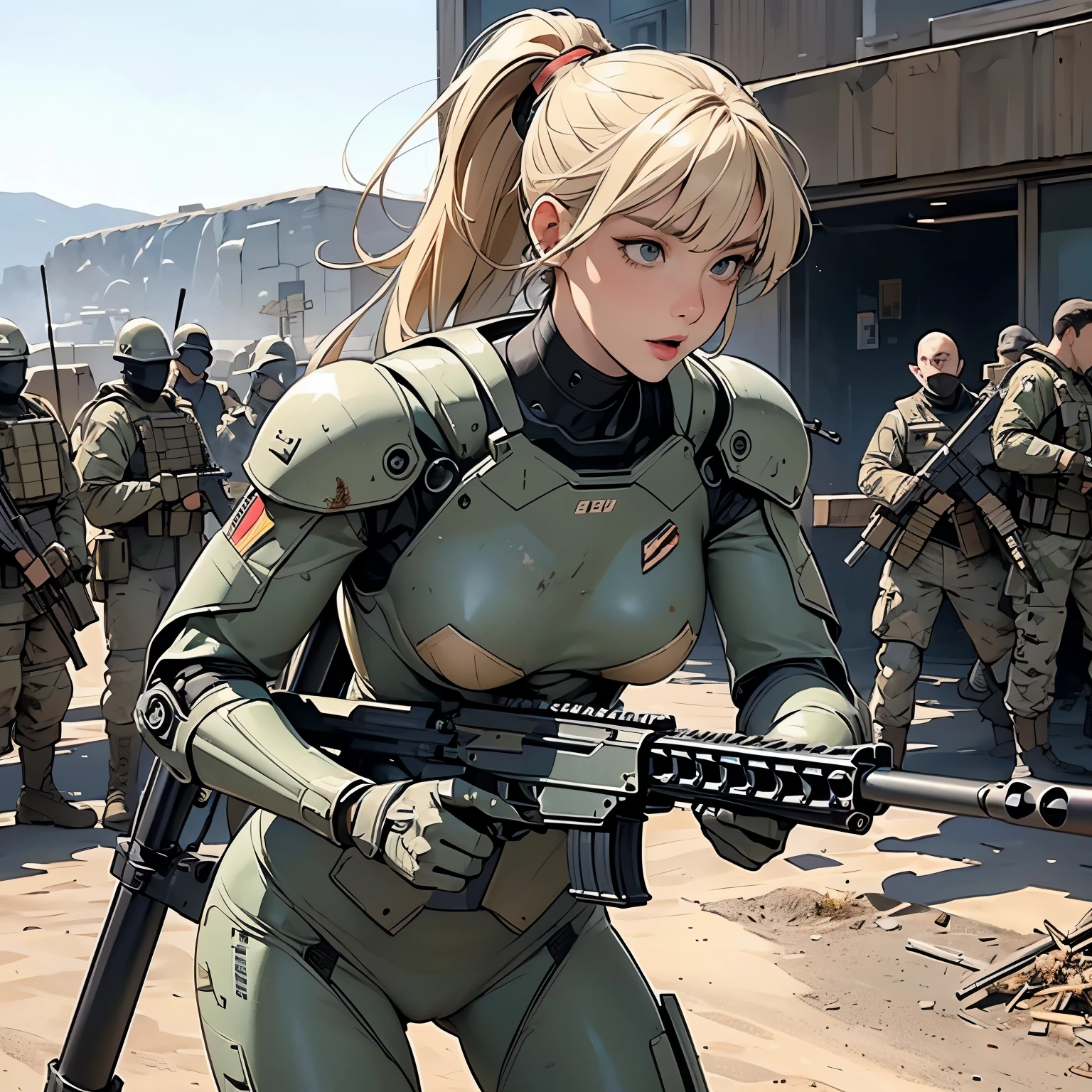 nsfw, anime screencap, 16K, perfect anatomy proportion body, perfect hands, action, A dynamic composition with a sense of speed and movement, (Hold an assault rifle:1.6), a wife, 40age, perfect beautiful delicate sexy face, erfect beautiful delicate eyes, blonde hair, blunt bangs ponytail, flat chest, Camouflage colored heavy armor robotic steam engine full armor powered suit, Many robot soldiers having a gunfight in the background, Flying bullets, Urban battlefields, war, Post-apocalyptic,