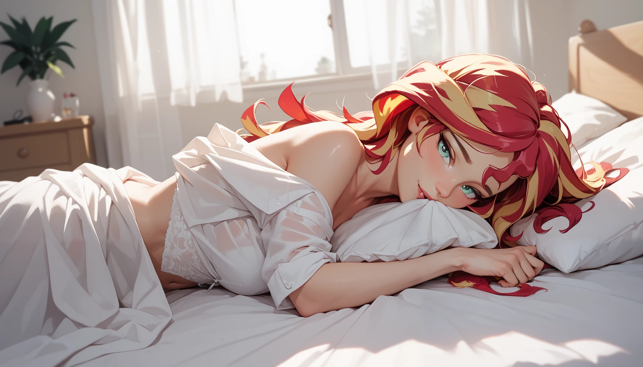 sunset shimmer in bed covering herself with a white sheet