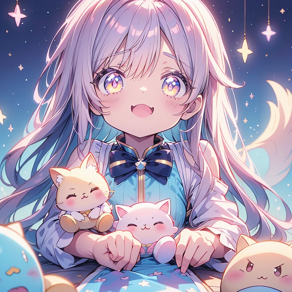 Cute cat girl lying in front of window, crystal ball, tummy with legs up, stars, city reflection, pillow, doll