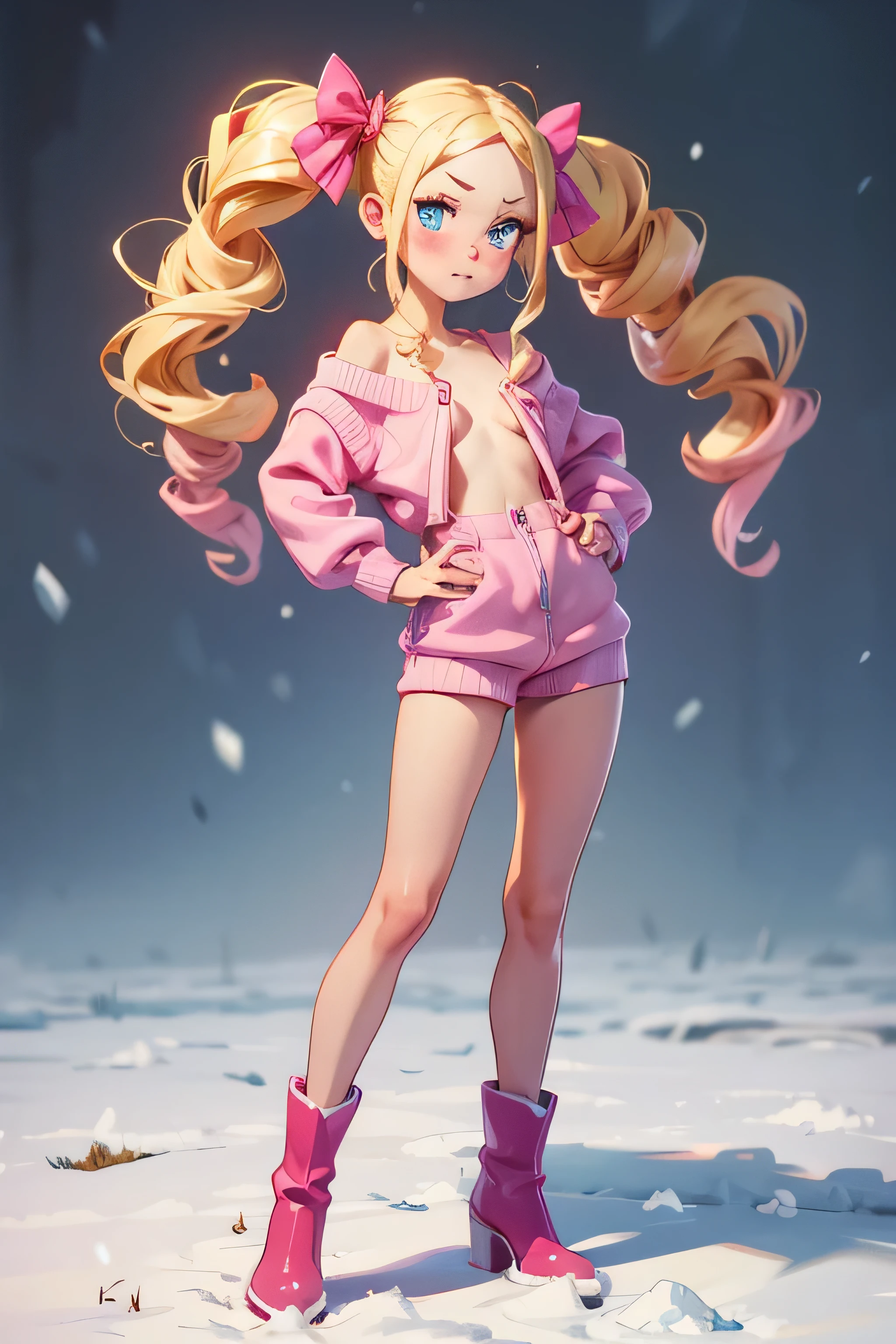 masterpiece, great detail, 1 girl, ite, beatrice, head on, looking at the viewer, slim and tall, blonde hair, two pigtails, blue eyes, textured skin, blush, full body, pretty legs, ((naked)), red boots, pink top, pink short, sexy pose, legs apart, invierno, muñeco de nieve, muñeco de nieve feliz