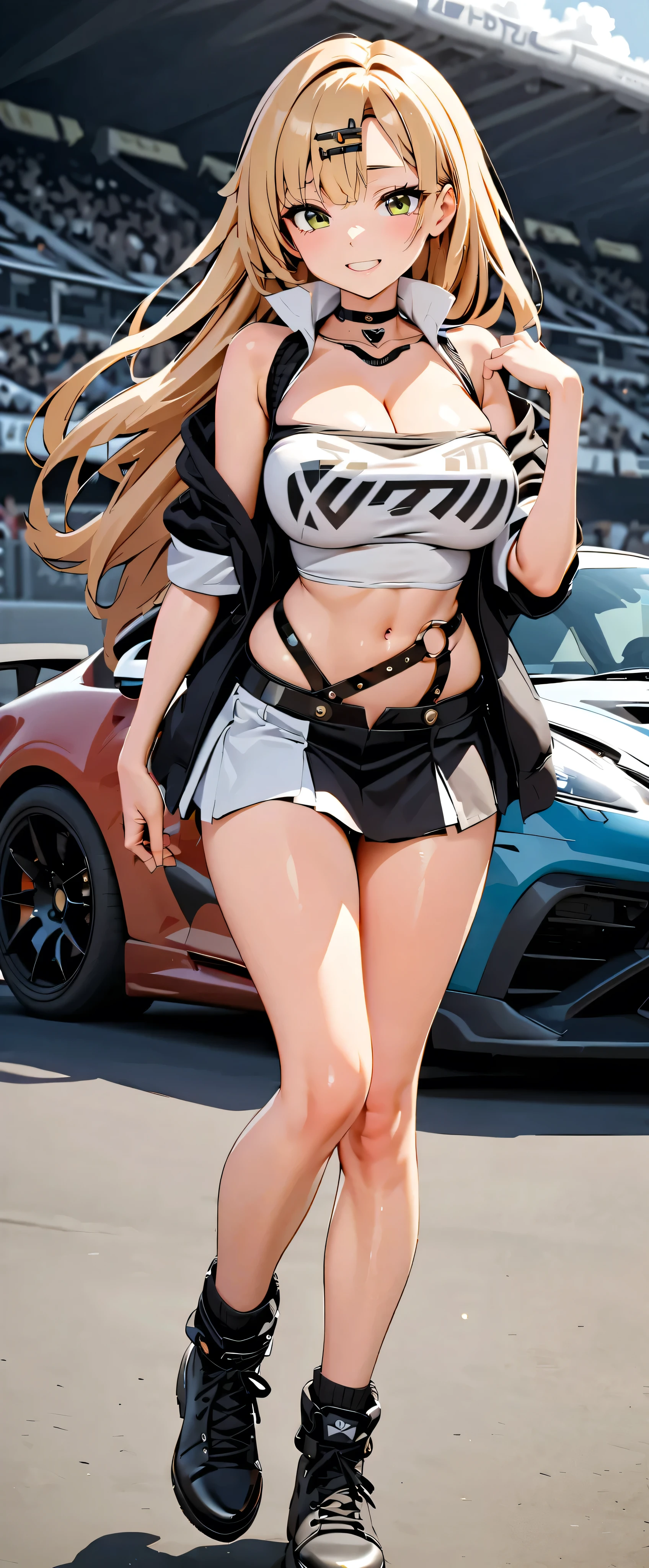  best quality ,  ultra high definition,  One person,   little chest,  black choker, smile,  exposes shoulders,  focus only ,  Audience ,Fair skin,Car racing track, photon mapping,  physically-based rendering,  RAW photos ,  very detailed background , K-pop Idol , depth of field, hair ornament, detailed face, glowing skin, game cg,whole body, shiny micro mini skirt,shiny micro tube top, race queen,Big Breasts, cute pose ,Sports Car,Hold a jacket in your hand ,Gloss Lip