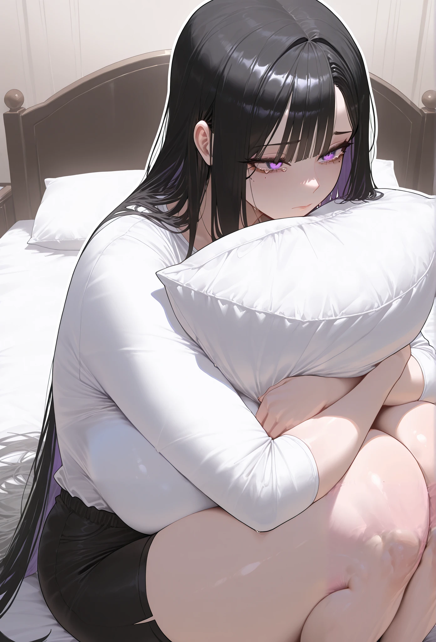 ((black hair), long hair, straight hair, side bangs, Layered strands), (purple eyes, perfect eyes, sharp eyes),
(white shirt),
sitting, Rich bedroom, Luxury bed, (Holding a pillow, knees to chest)
(expressionless, mole under eye, sad, tears, black shorts),
(solo, 1girl), huge body, (massive chest), mature woman, (white outline, 6px outline width)