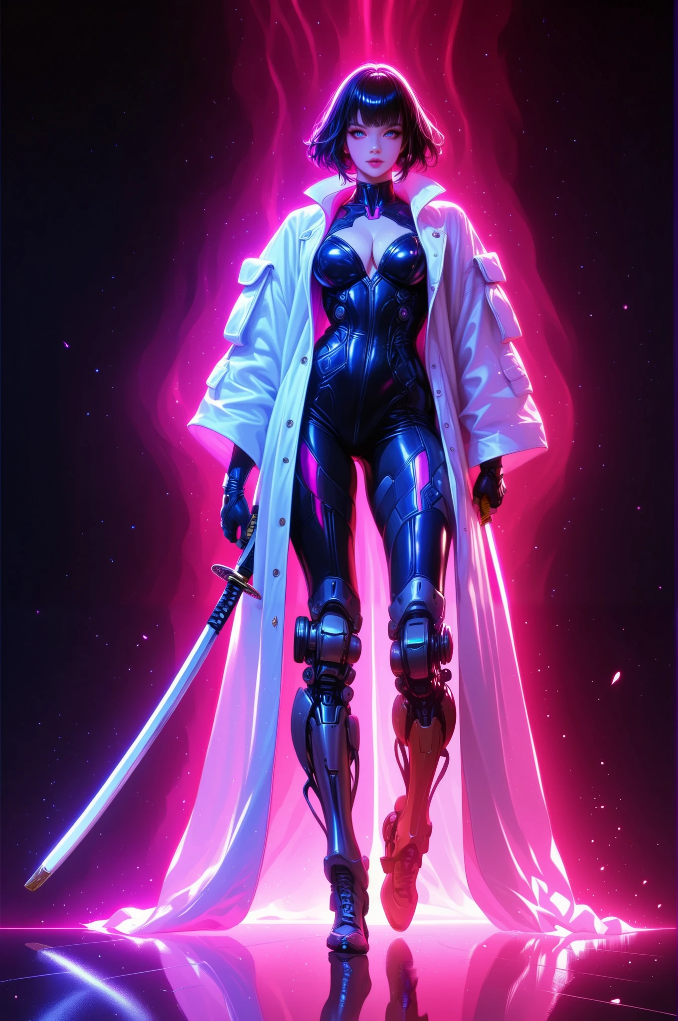 masterpiece, best quality, amazing quality, very aesthetic, detailed eyes, perfect eyes, realistic eyes, depth of field, facing viewer, full body, dramatic, (fighting stance:0.7), 1girl, cyborg, sword, unsheathing, katana, white kimono, black hair, (mechanical legs:1.2), cyberpunk city, night, starry sky, aurora, cinematic, epic, bloom, volumetric lighting, (dark background:1.4), vibrant colours, high contrast, gbf_style
