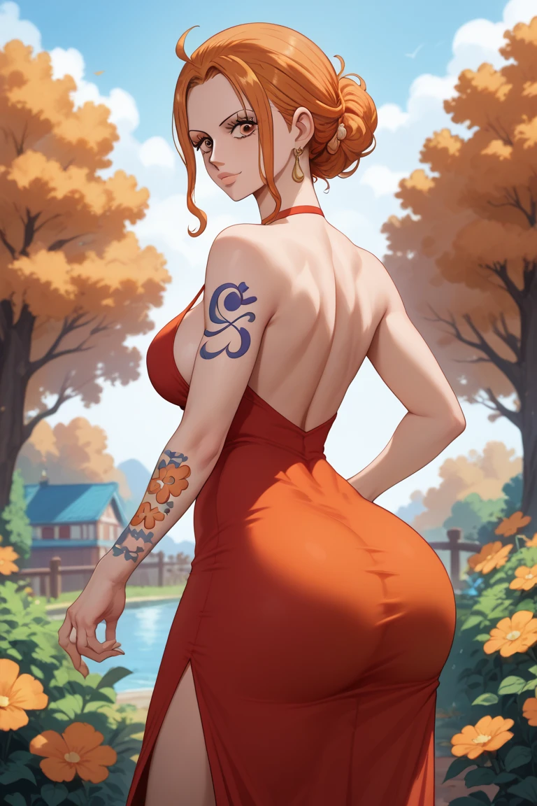 masterpiece, best quality, 1girl, solo, standing, <lora:fiorebaru v2.1:0.6> horns, demon girl, red hair, long hair, blue eyes, looking back, huge ass, (yellow sundress:1.3), garden, dappled sunlight, sunbeam, from behind