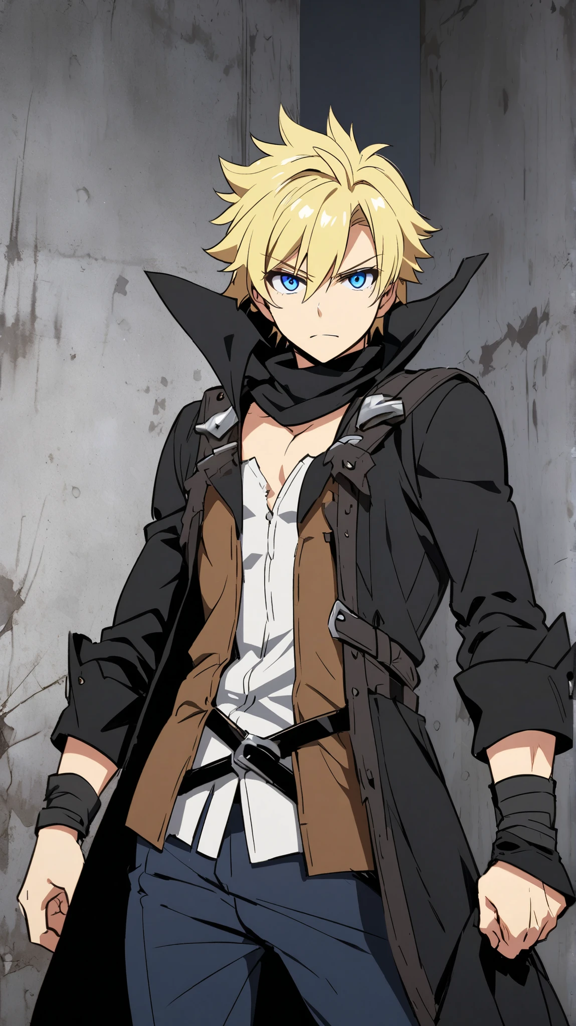 Anime character with blonde hair and blue eyes in a dark coat - SeaArt AI