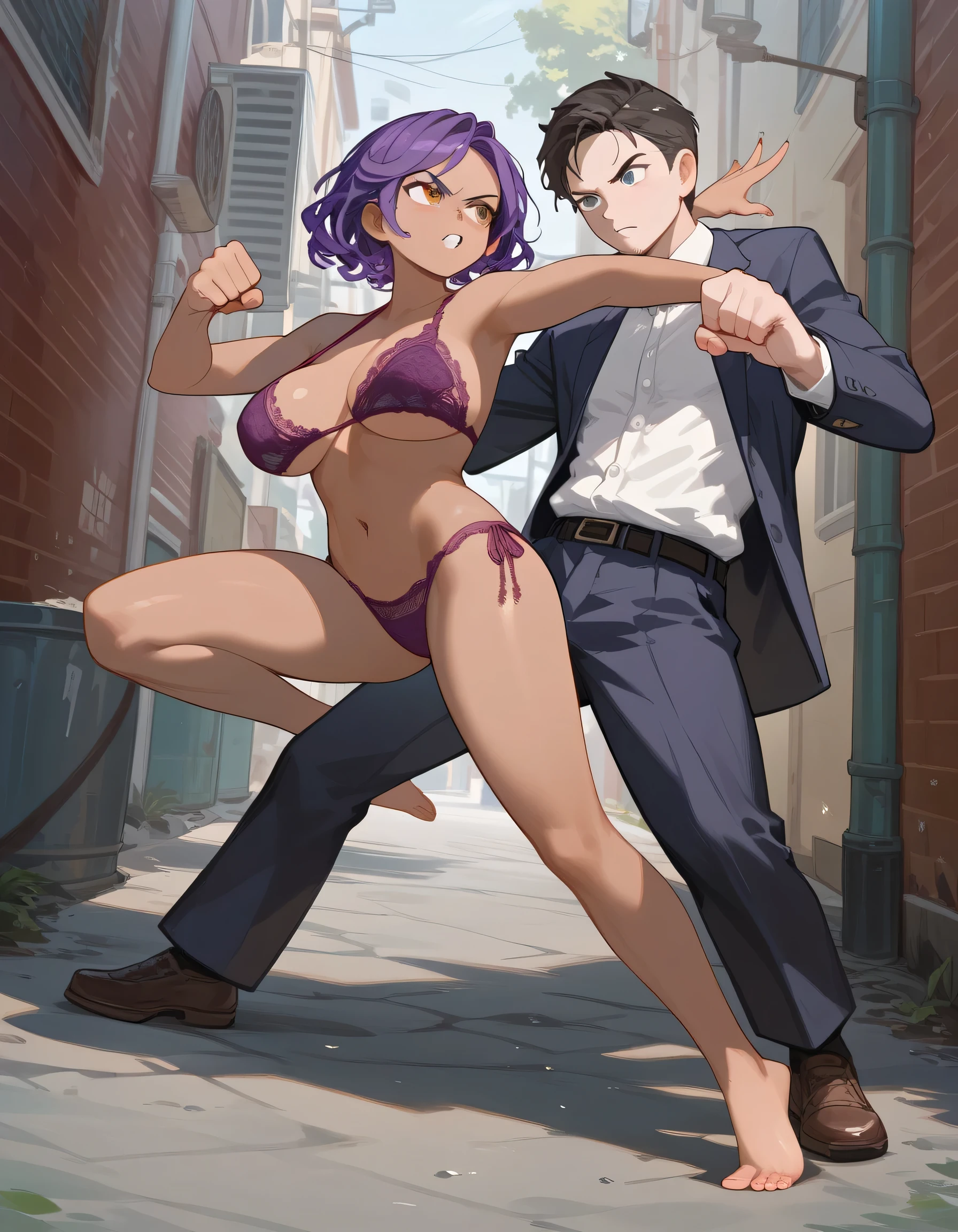 Masterpiece, best quality, Masterpiece, best quality, 1 woman, brown skin , I have long, wavy purple hair , Purple lace bikini , big breasts , abdomen , Long legs , fighting pose. , Barefoot , alley , 1 man , suit uniform , fighting , full body