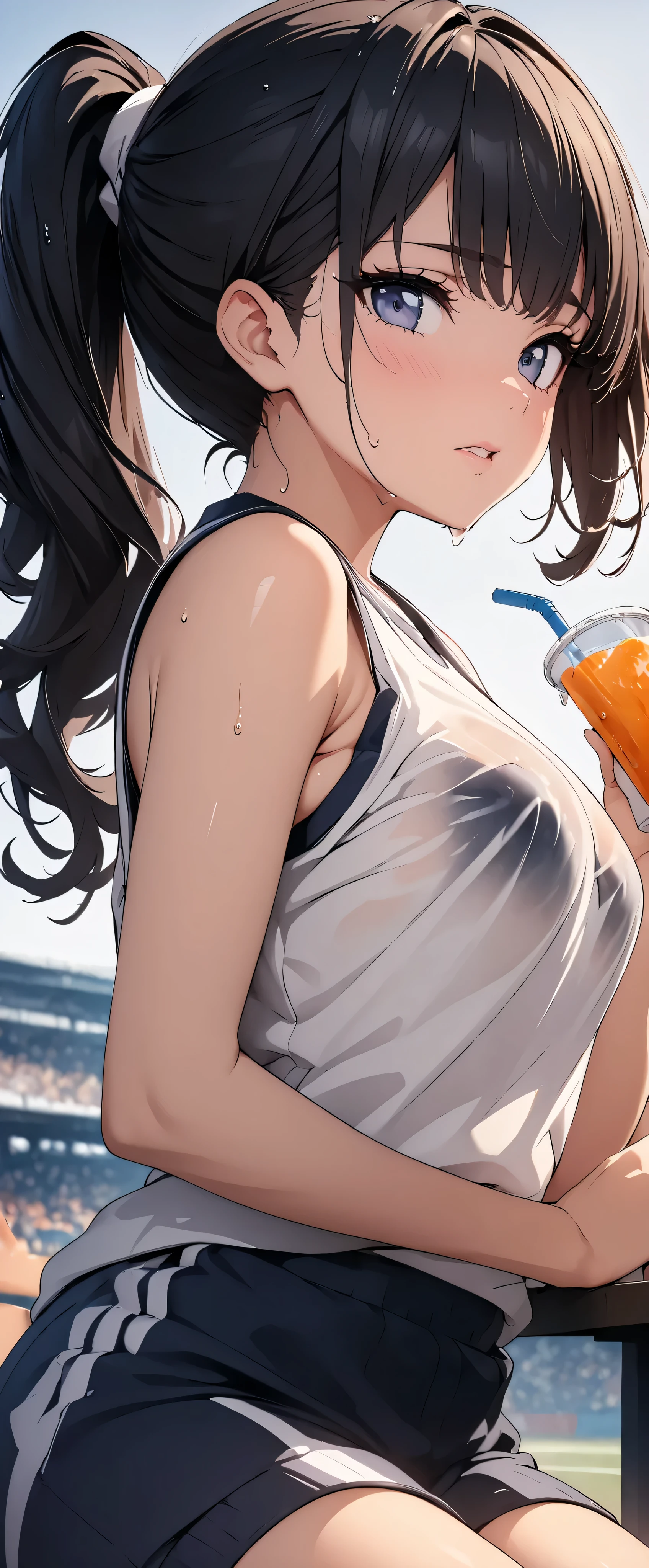 (((masterpiece)))、(( best quality ))、( super detailed )、(CG illustration)、(Very beautiful woman))、 movie-like light 、((1 Female))、 、(Beautiful and luxurious:1.2)、( One Woman :1.3)Sports Stadium,,((Japanese white sleeveless gym clothes), wet with sweat ,Beautiful ponytail,Drink a sports drink,,Rokka,( the clothes show through and you can see the bra)Gloss Lip
