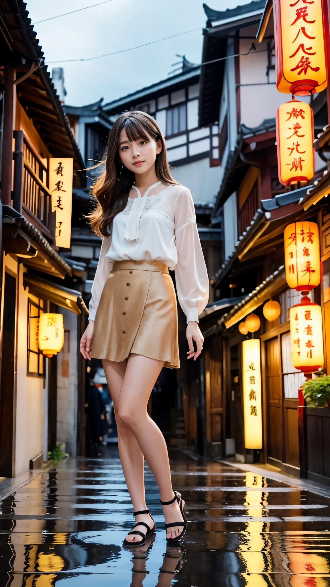 A beautiful, delicate Japanese girl (delicate girl:1.3), wearing spring clothes (spring clothes:1.3), with very fine and symmetrical brown eyes (symmetrical eyes:1.3). She has perfectly shaped and anatomically correct fingers, small breasts, long brown hair with parted bangs, and a detailed face (Eye and face details:1.0). She is wearing a chiffon blouse and an A-line skirt. The framing captures her from the mid-thigh up, showcasing her delicate and graceful pose.
The scene is set in Jiufen, a historic mountain town in Taiwan, with narrow stone stairways bustling with tourists in the background. Traditional red lanterns are strung along wooden shopfronts and tea houses, creating a vibrant and lively atmosphere. The wet streets from a recent rain reflect the glowing lanterns and traditional architecture in puddles, adding a serene and magical element to the composition.
The image is ultra-high resolution (8K), with masterpiece-level quality, anatomically accurate depictions, ultra-fine details, and vivid textures. The composition focuses on the subject while maintaining the charm and activity of Jiufen’s iconic streets, blending the beauty of the individual with the cultural vibrance of the setting.