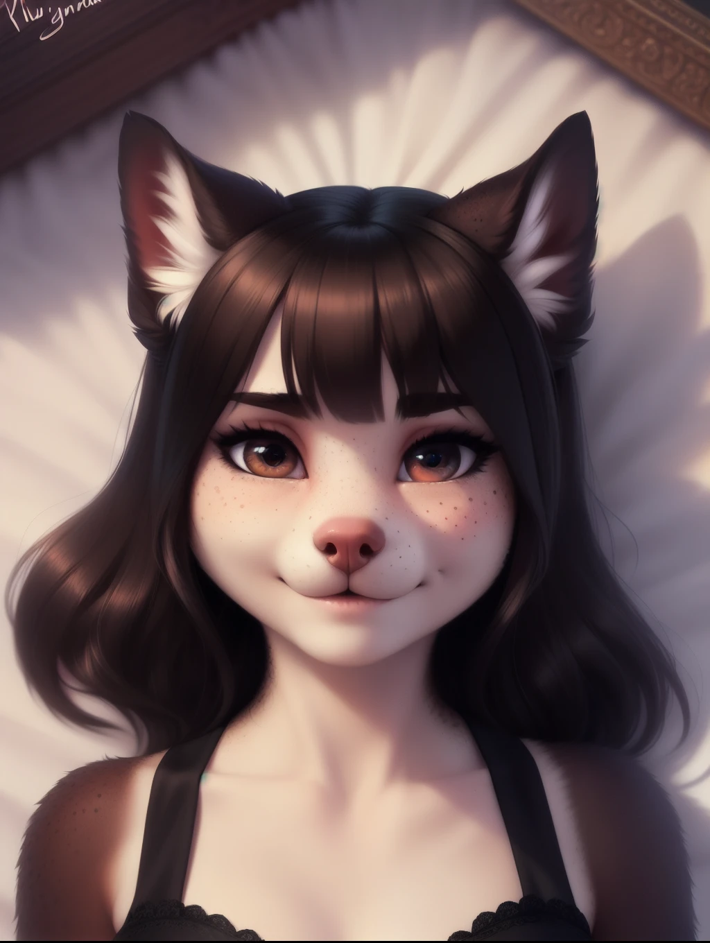 beautiful and detailed upper body portrait , ((young 13 year old anthro domistic canine, tight black short sleeved dress)), anatomically correct, Schlank, Hochgeladen E621, detailed flauschige fur, (von Fluff-Kevlar, Iskra, personalami, Pino Daeni), 1girl, adorable, bedroll , 1girl, realistic, ultra sharp image, view from above, (solo), highly detailed, first person view, masterpiece, (lying on her back), flat chest, medium length hair, dark messy hair, perfect eyes, absurd resolution, cute snout, eyelashes, (kissy face), (Kissing mouth), young girl, detailed facial features, sharp focus, selfie, ((full body 1:2)), fluffy tail, blushing, lewd,
