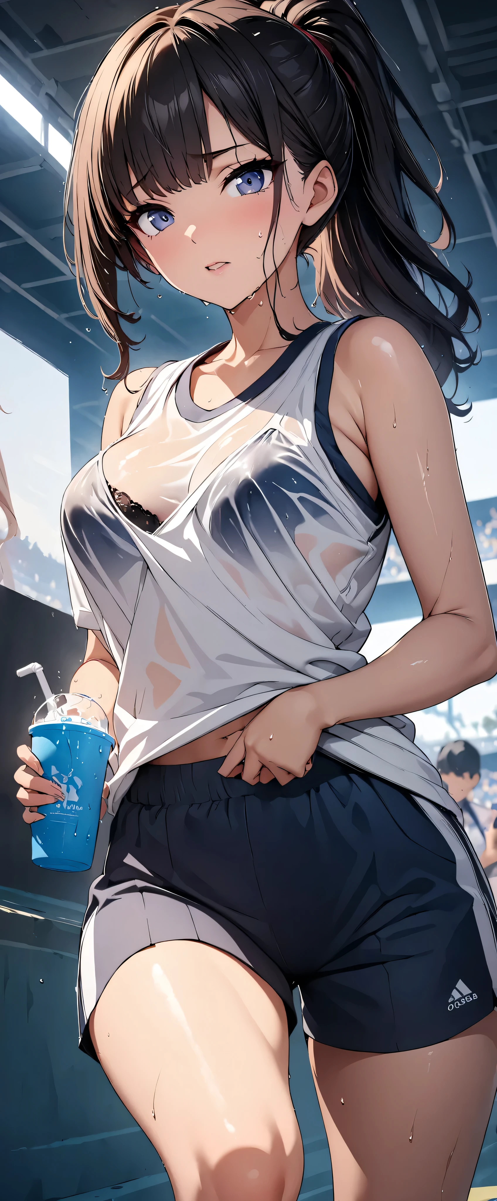 (((masterpiece)))、(( best quality ))、( super detailed )、(CG illustration)、(Very beautiful woman))、 movie-like light 、((1 Female))、 、(Beautiful and luxurious:1.2)、( One Woman :1.3)Sports Stadium,,((Japanese white sleeveless gym clothes), wet with sweat ,Beautiful ponytail,Drink a sports drink,,Rokka,( the clothes show through and you can see the bra)Gloss Lip