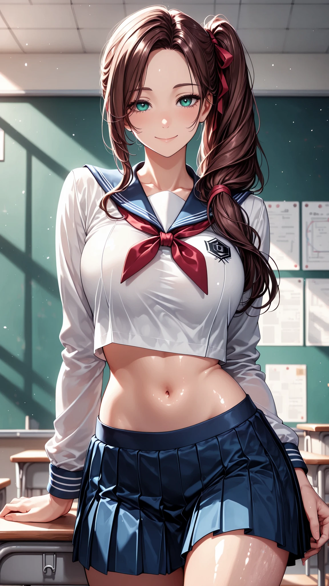 masterpiece, best quality, vibrant, very aesthetic, high contrast, anime style, semirealistic, newest, cinematic-lightning, Enhance colors to maximum saturation, shiny skin, slender, 1woman, cowboy shot, detailed face, detailed eyes, green eyes, slightly smile, semi-long hair, dark brown silky hair, forehead, sliced back hair, side ponytail, contrapposto, navel, Captivating thighs, knee, classroom, (sheer crop top white shirt), sailor suit,blue pleated skirt, red ribbon tie