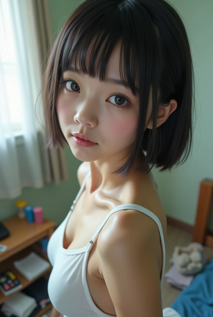 , (1girl:1.2), (abs:1.23),(huge_breasts:2.0)、she looks away, Blurred Background、Sagging breasts、(Close-up:1.55)、Photorealistic、Japanese、The Beauty of the Japan、Very Short Hair、Boyish Girl、Selfie、Selphy:1.8、underwear、Lace bra、