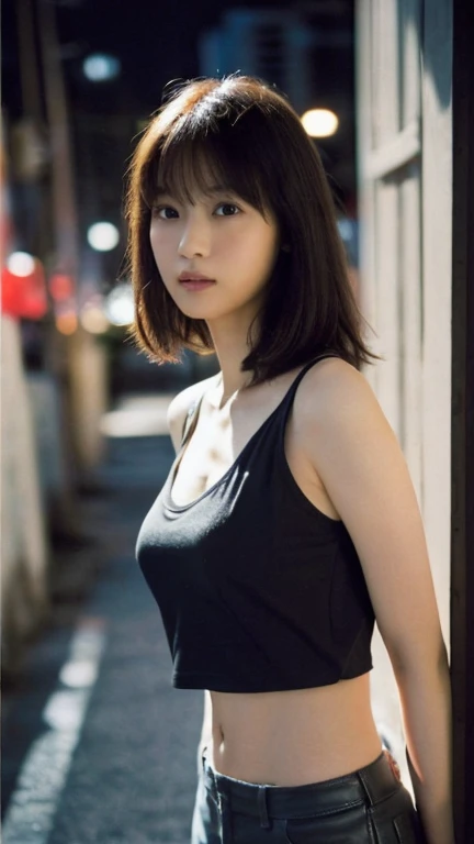 A cute woman who resembles Mana Ashida、Very neat and slim、Great style  、Ultra HD、Very delicate face, Skin and Hair、short hair、Dark brown hair、Cover your chest with your arms、On the street、now、Busy Street、8K images、Very cute Japanese detached faces、Slender、Mid-breasted、Eyes and nose are clearly visible、Kind eyes、Swimwear、Beautiful thighs、Beautiful lower body、Beautiful lower body、