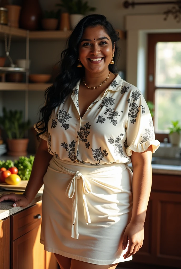 A 3 plus sized South Indian women wearing a cream colour short skirt and shirt, standing in a kitchen